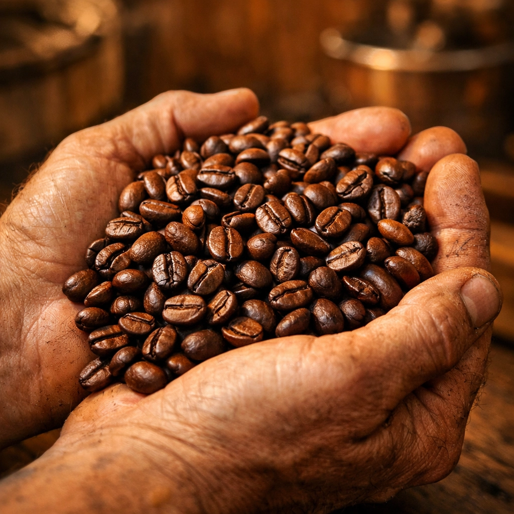 Hands holding freshly roasted specialty coffee beans for a quality coffee shop set up.
