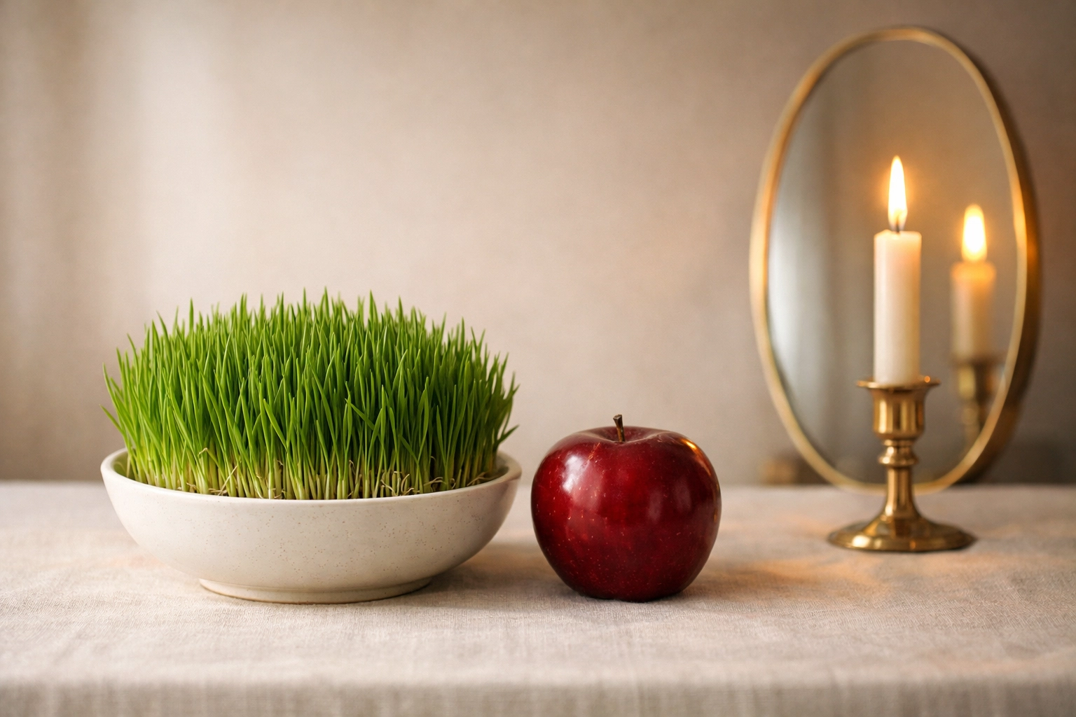 A traditional Nowruz Haft-Seen table featuring green sprouts, a red apple, and a glowing candle.