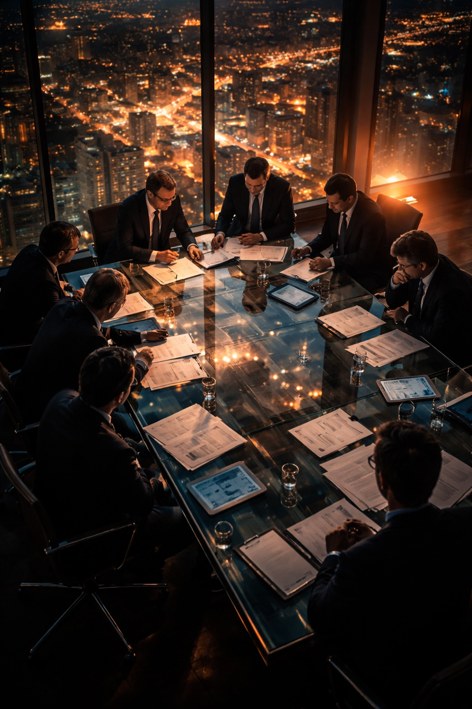 Corporate boardroom scene during a merger meeting, representing event-driven investment strategies for accredited investors.