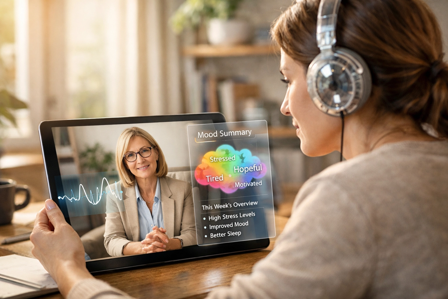 A patient attending a remote therapy session with AI-driven emotional and biometric data overlays.