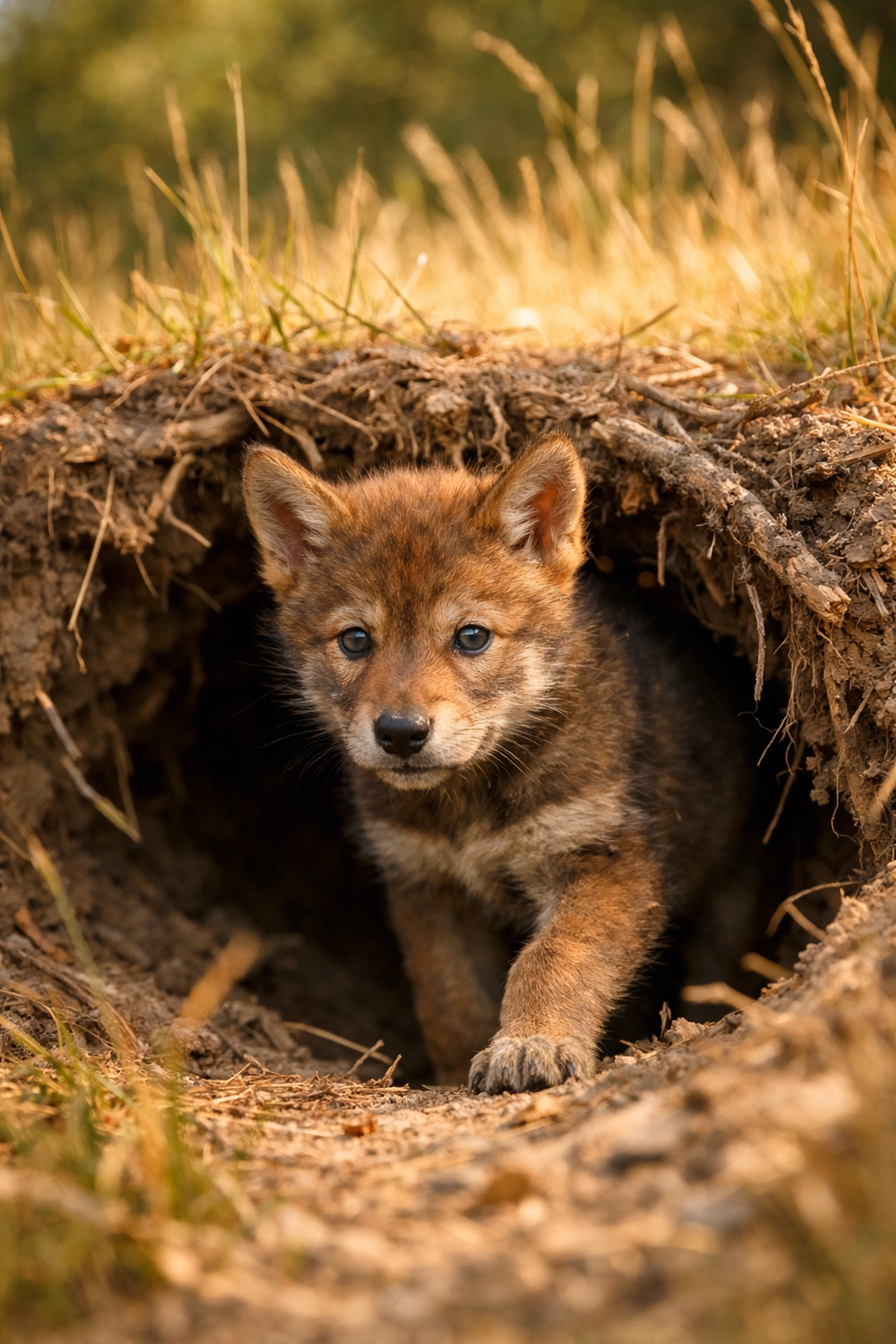 A critically endangered red wolf pup emerging from its den, showcasing successful wild breeding programs.
