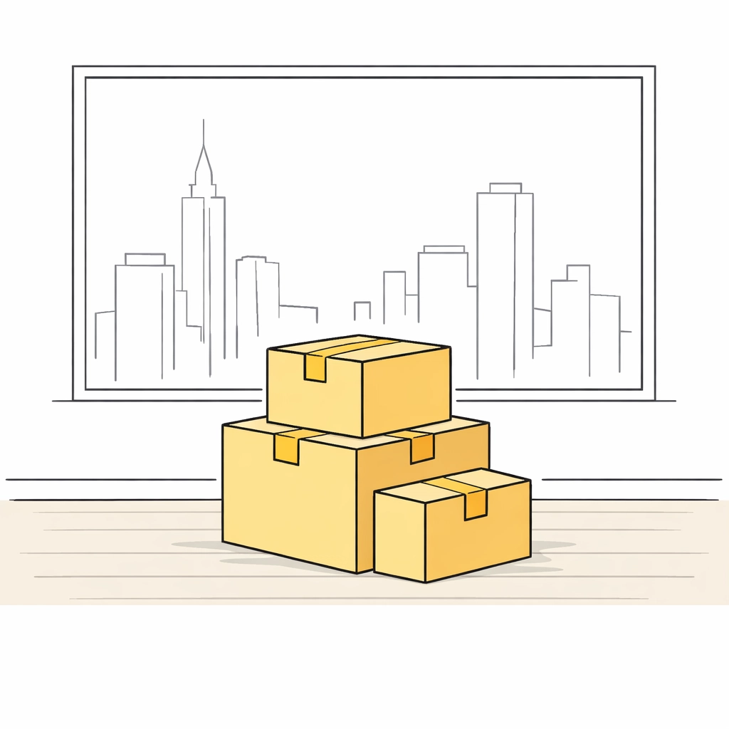 Unopened flat-pack furniture boxes stacked in a Yaletown condo awaiting assembly.