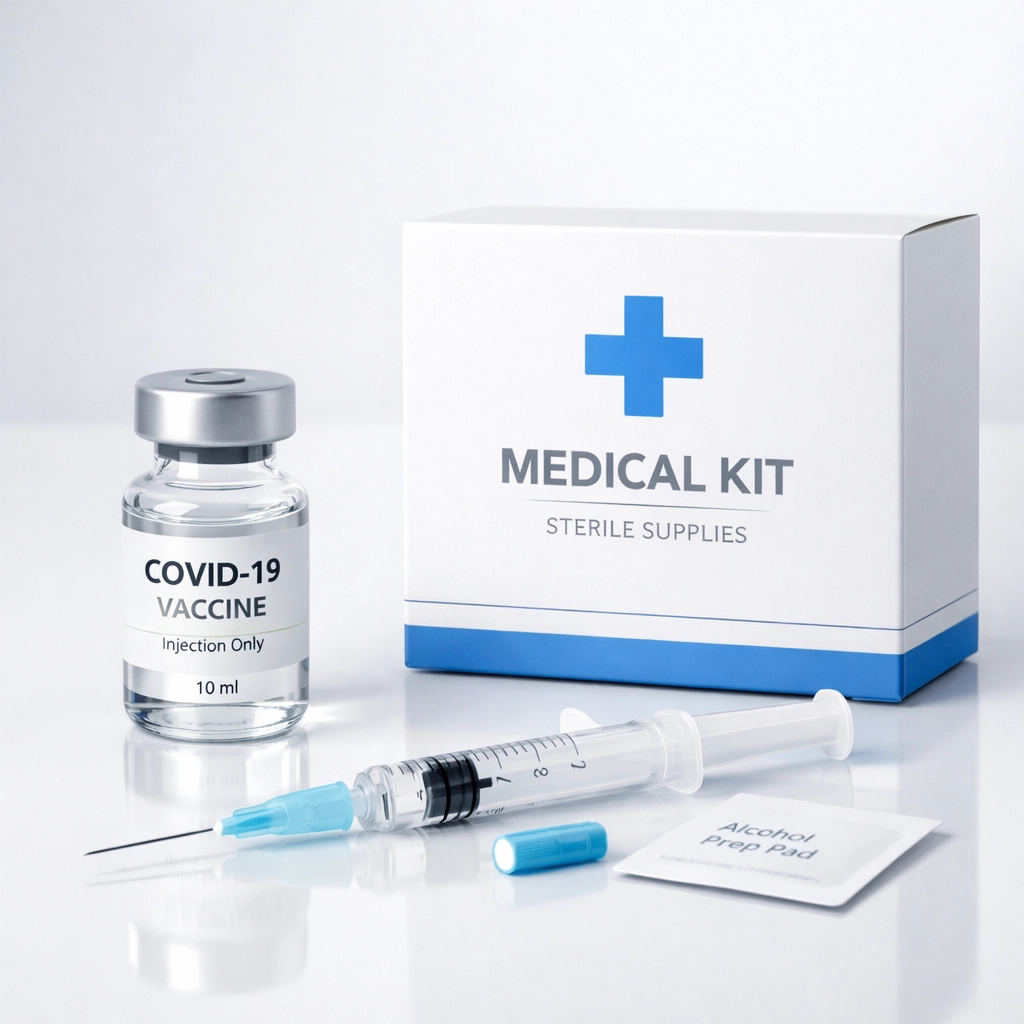 Close-up of a sterile medical vial and weight loss supplies emphasizing clinical safety.