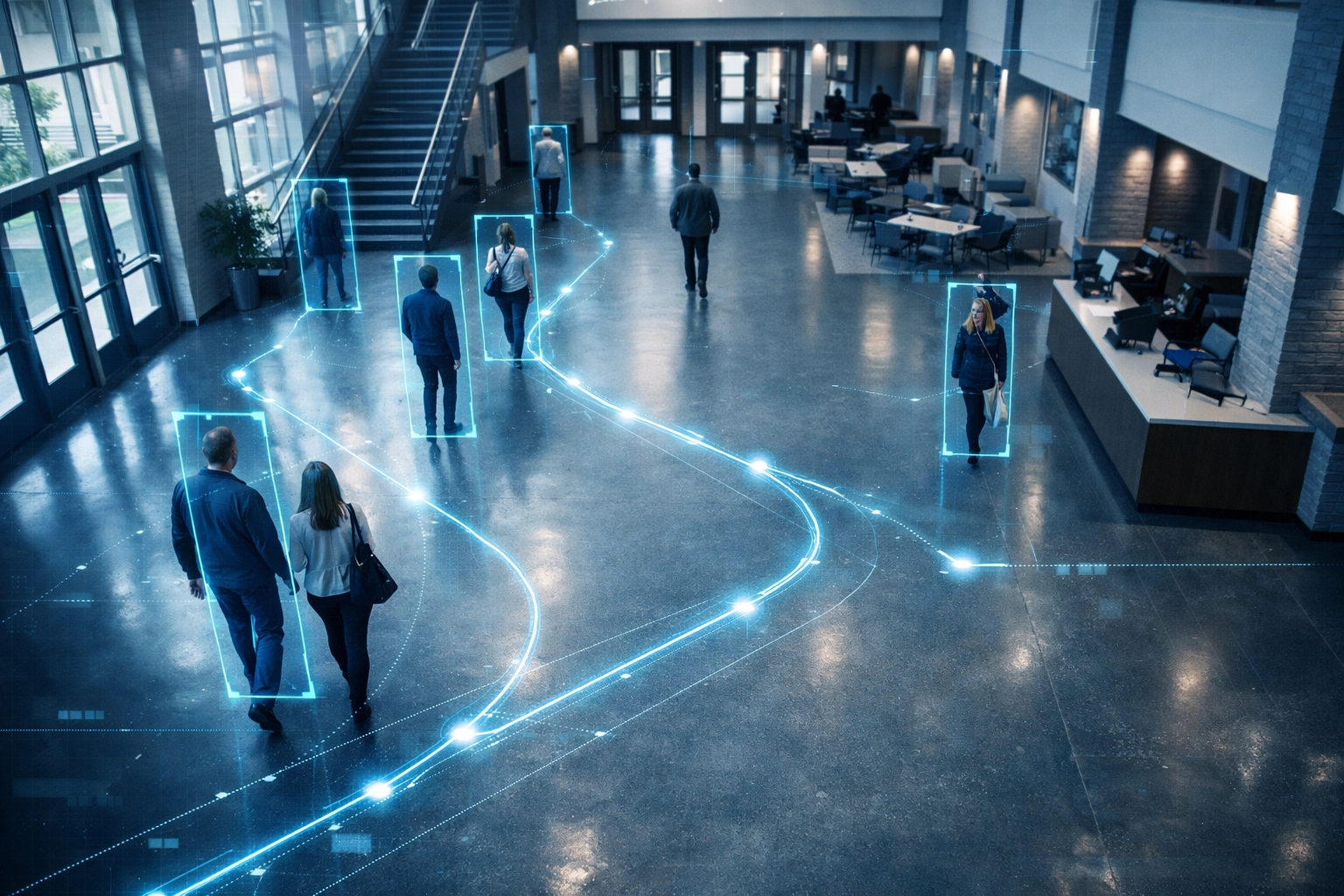 Behavioral AI surveillance monitoring a school atrium with digital threat detection for enhanced public safety.