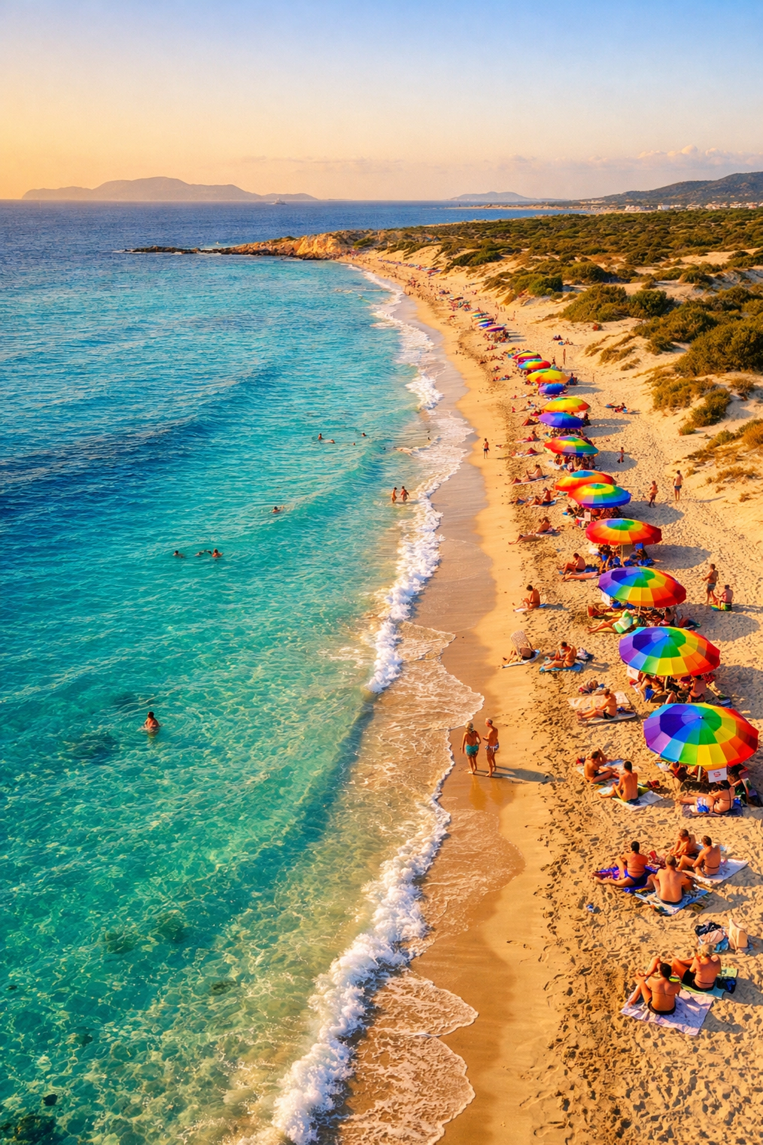 Es Cavallet gay beach in Ibiza with rainbow umbrellas and turquoise Mediterranean waters
