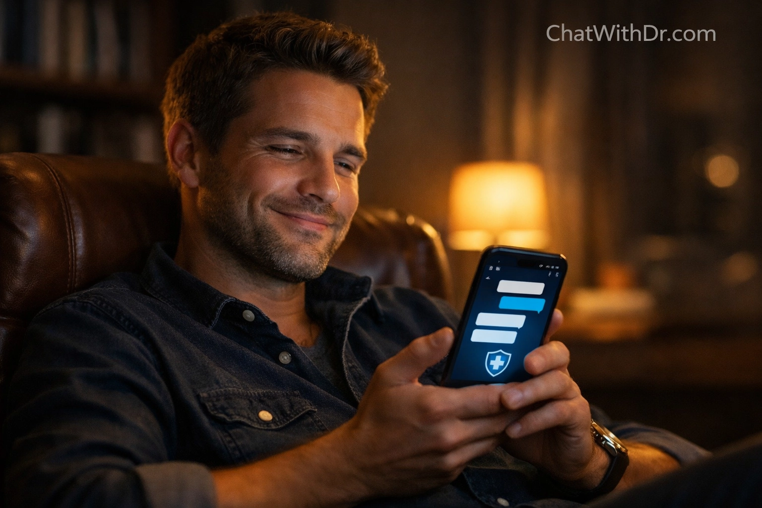 Man using secure medical messaging on his phone for a private men's health consultation.