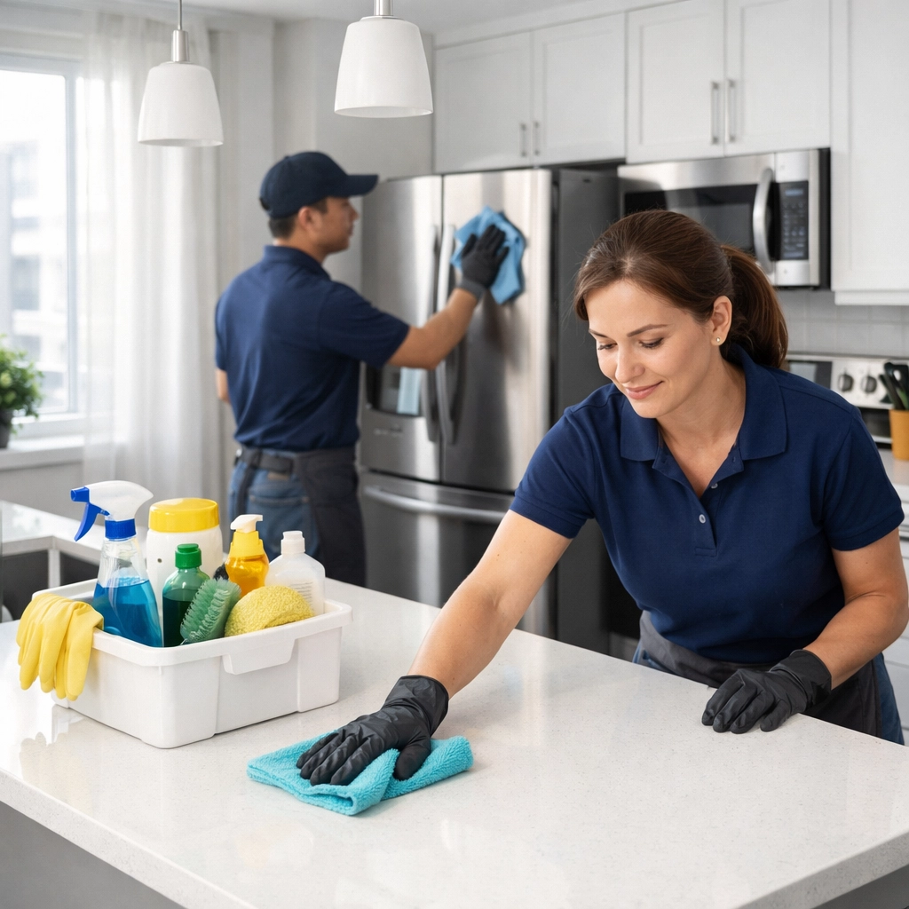 Professional make-ready cleaning crew deep cleaning apartment kitchen for faster turnover