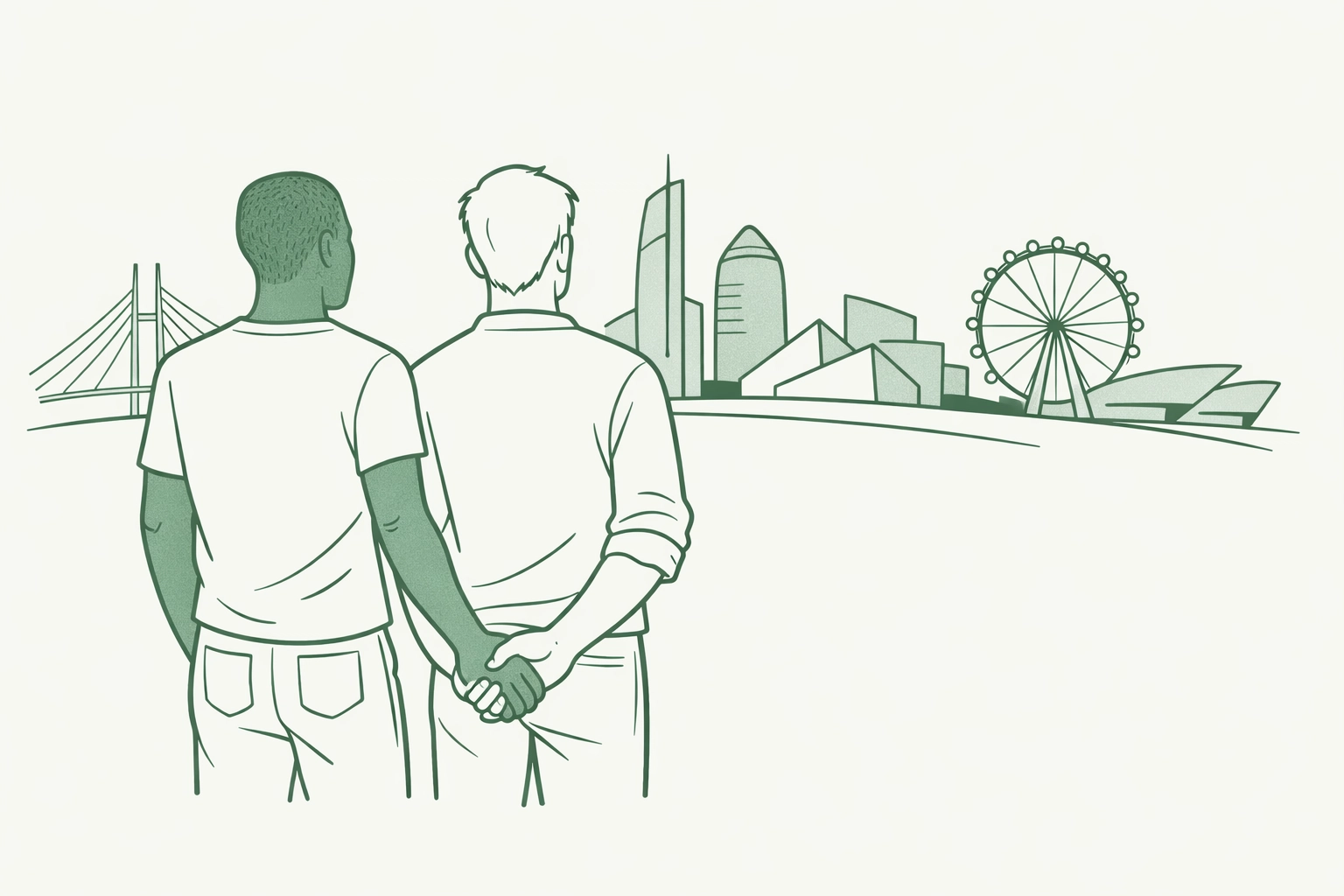 Hand-drawn illustration of a diverse gay couple standing together, symbolizing inclusion and solidarity in the queer community.