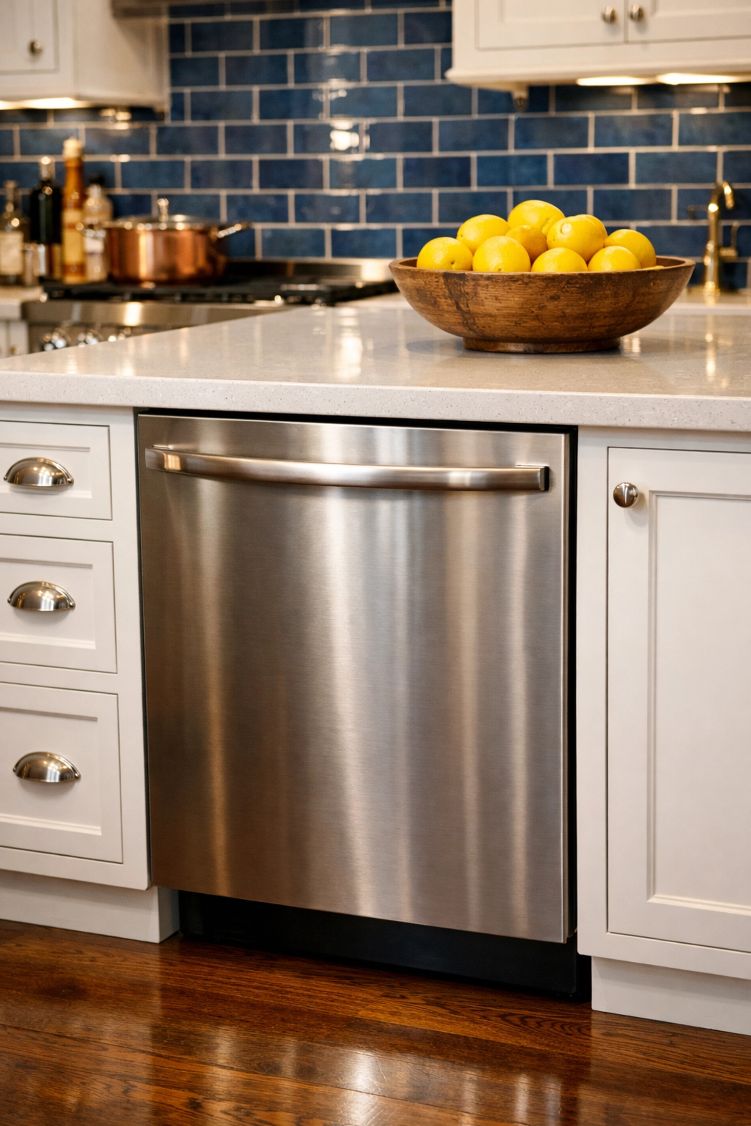 Spotless Brattle Street kitchen with a polished dishwasher, demonstrating high-end House Cleaning Cambridge MA service.