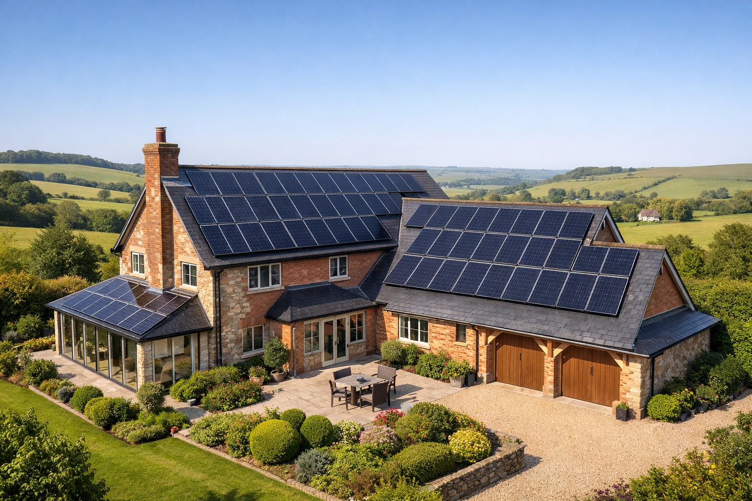 Expert solar panel installation on a large detached house in the scenic Wiltshire countryside.