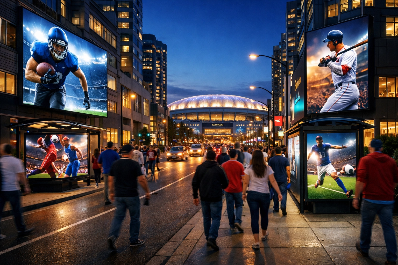 Digital out-of-home advertising screens on a city street near a stadium capturing fan engagement.