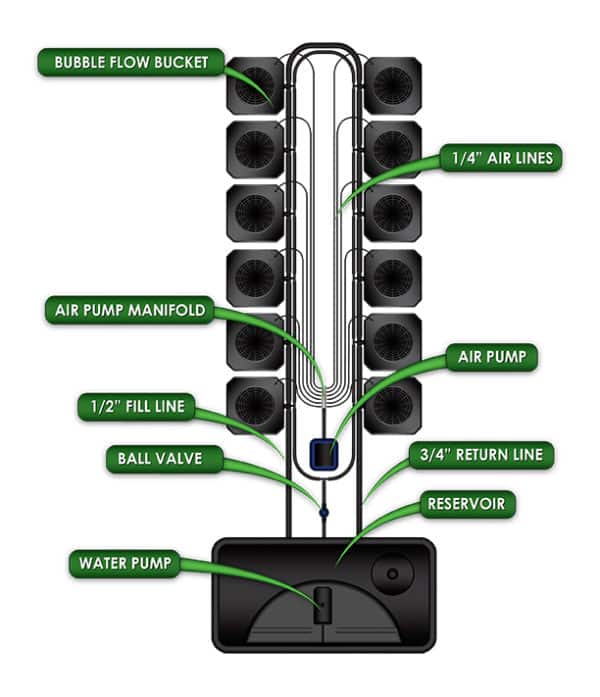 Hydroponic Bubble Flow Bucket System Diagram