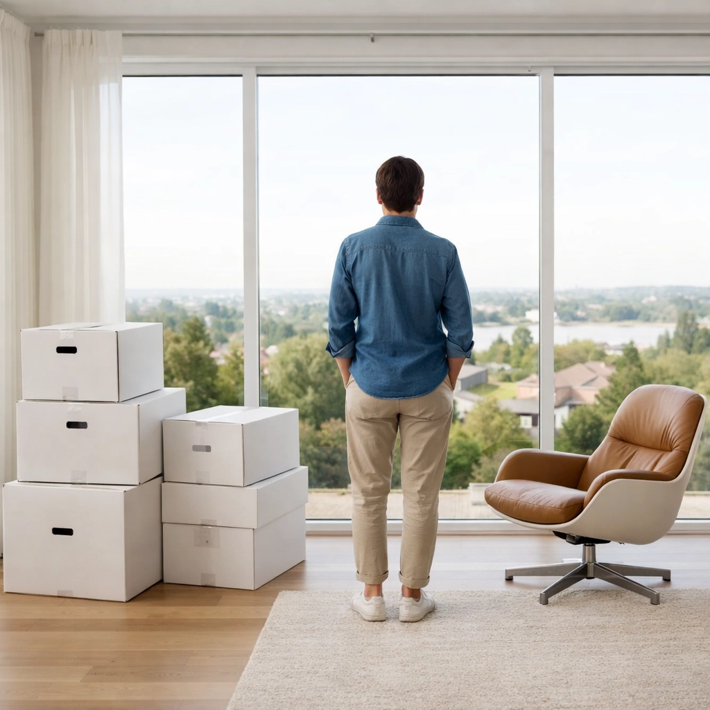 Modern living room with moving boxes representing a first-time buyer's transition in the NC Triangle.