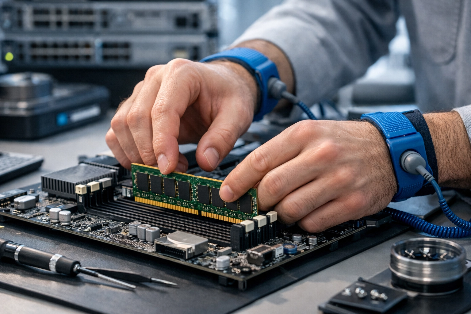 Technician installing a RAM module into a server motherboard as part of a hardware upgrade project.