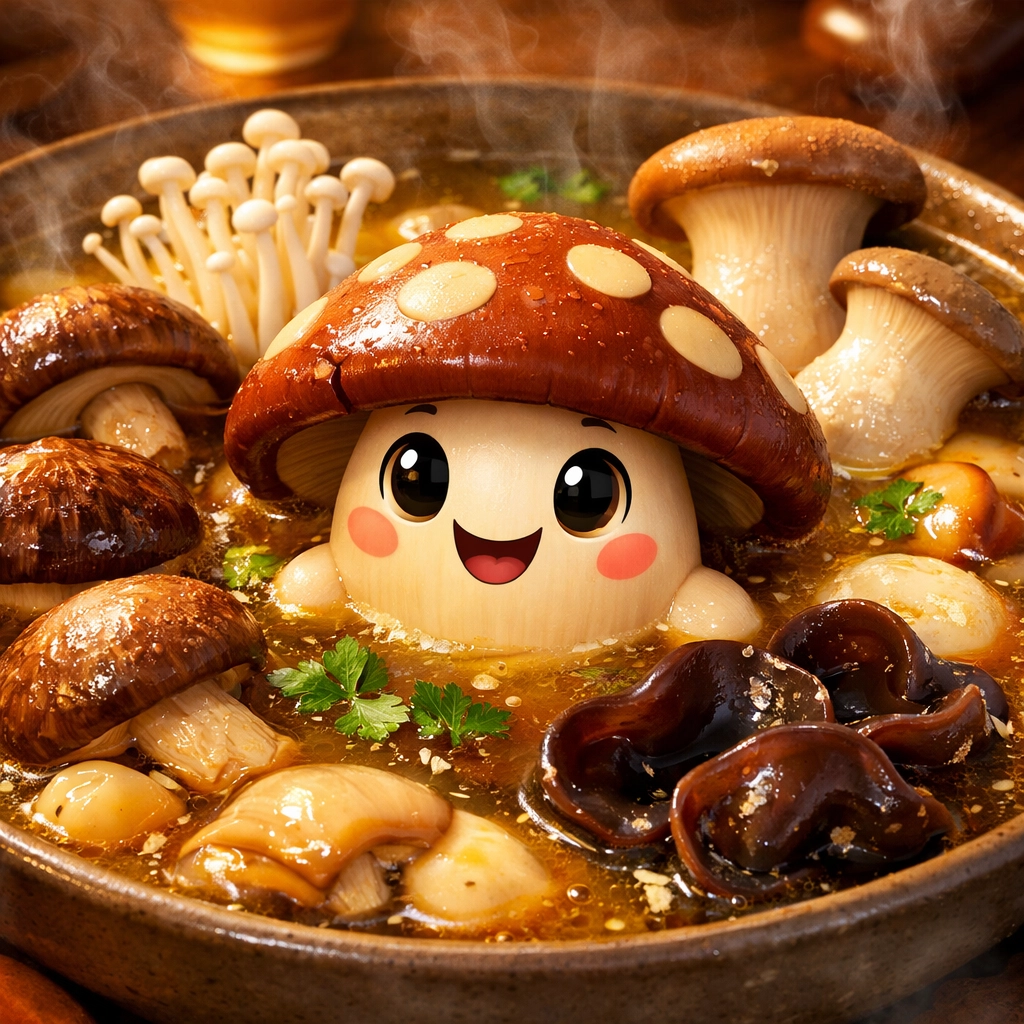 Fresh mushrooms floating in golden mushroom soup base for malatang hotpot