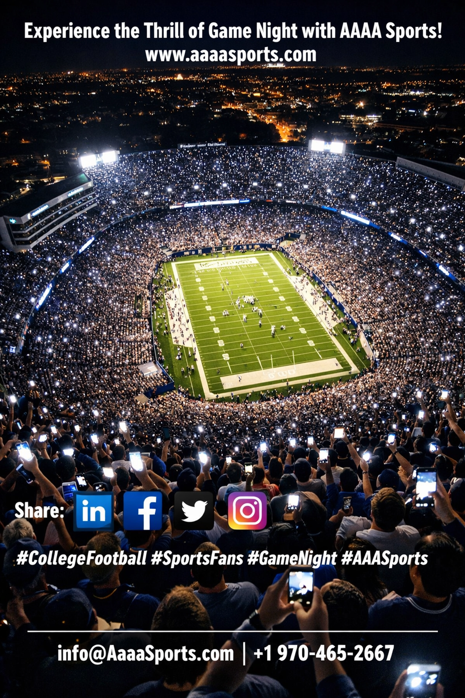 Stadium crowd with thousands of lit smartphones showing connected sports audience reach