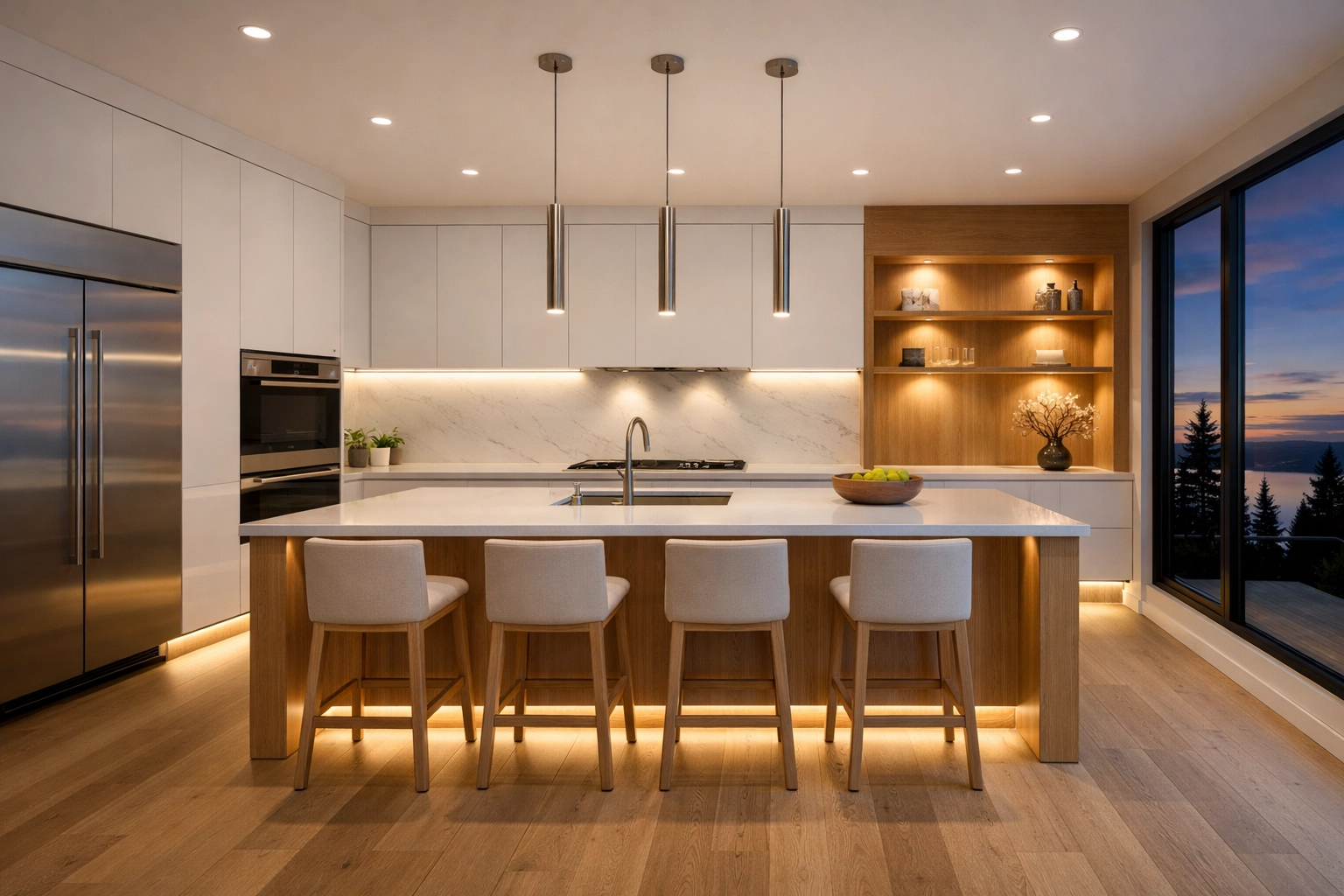 Modern luxury kitchen with integrated under-cabinet and toe-kick LED lighting for a layered effect.