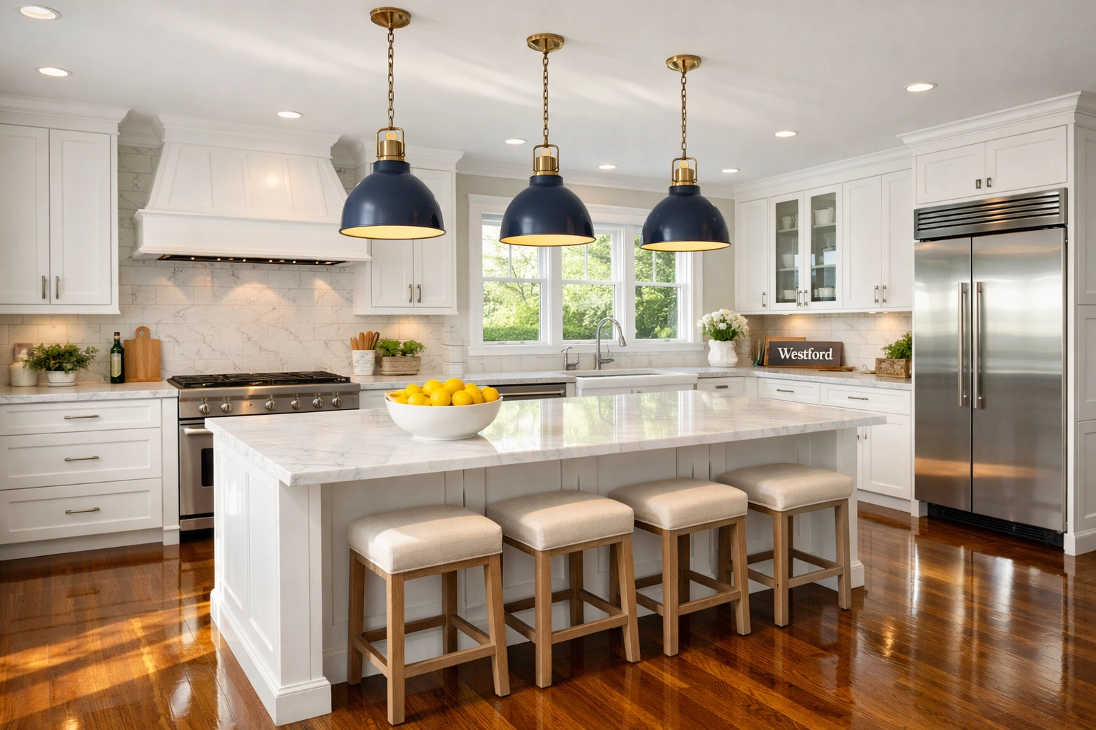 Modern farmhouse kitchen with polished floors reflecting high-quality house cleaning in Westford MA.
