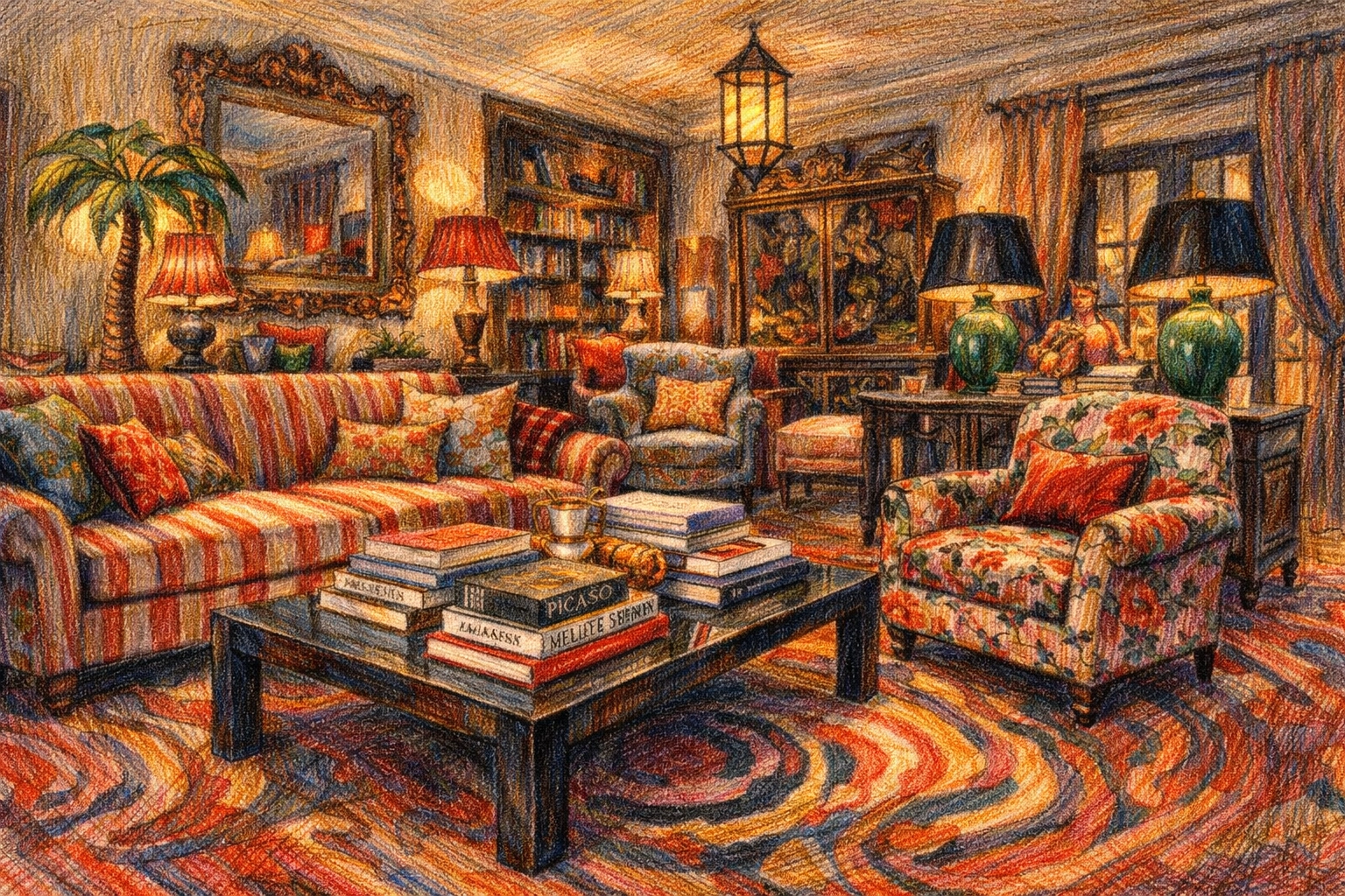 Curated boutique hotel lounge with patterned rugs and a warm, residential-style interior design.