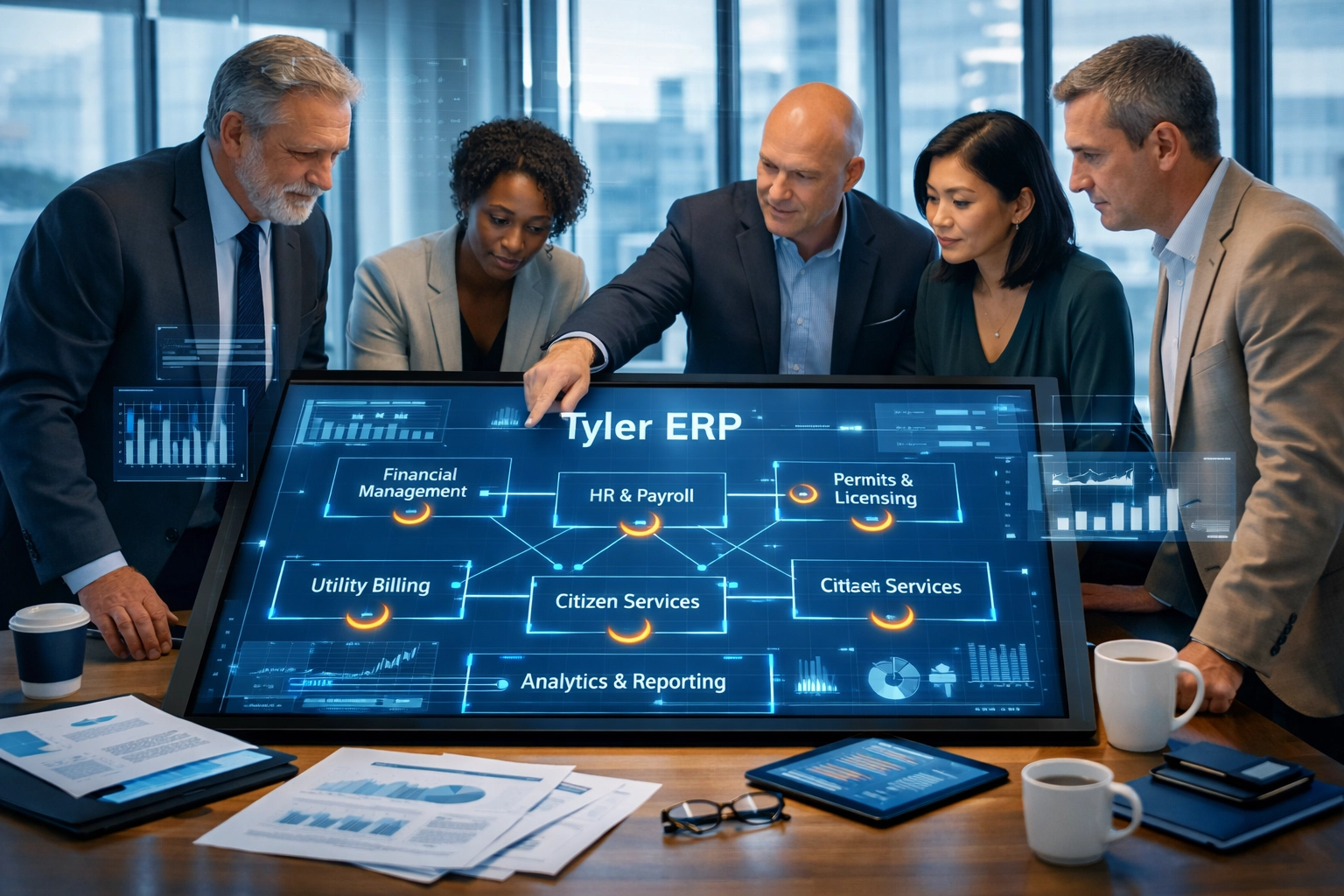 State agency leaders reviewing Tyler ERP cloud migration plans on interactive display