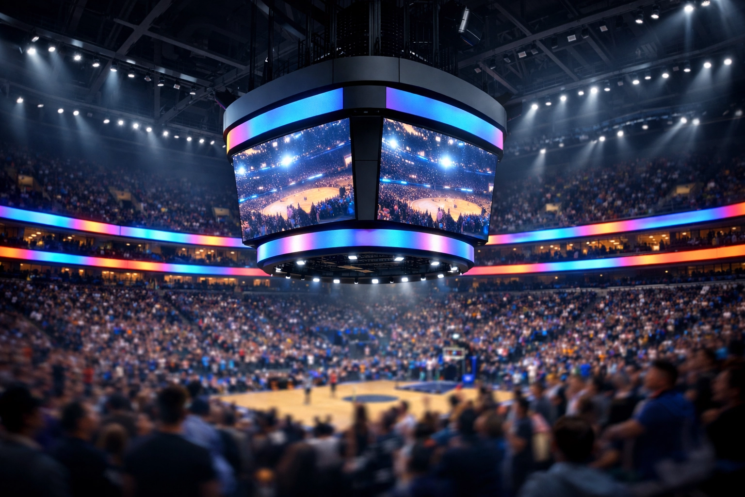 Modern sports stadium showing integrated digital media networks and LED scoreboard displays.