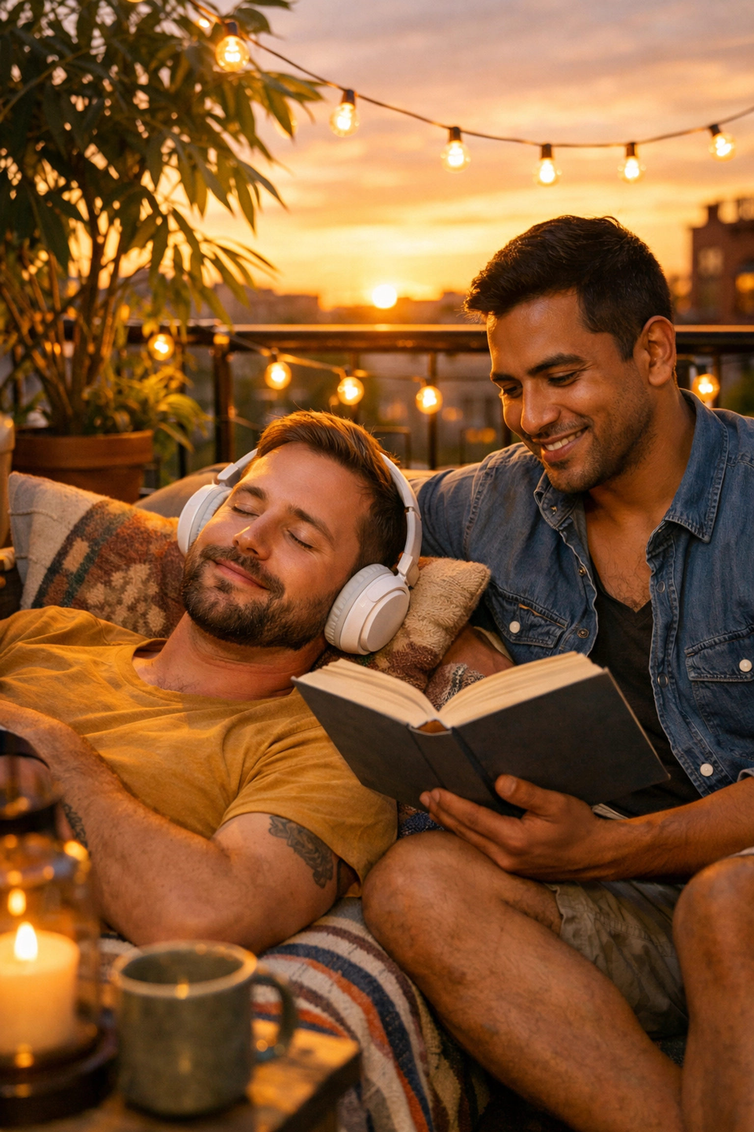 A gay couple relaxing on a terrace while enjoying contemporary gay novels and audiobooks together.