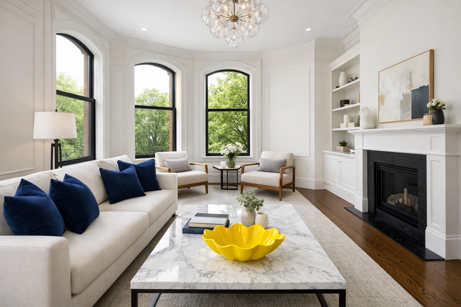 Pristine living room in a Boston brownstone ready for move-in after a professional deep cleaning.