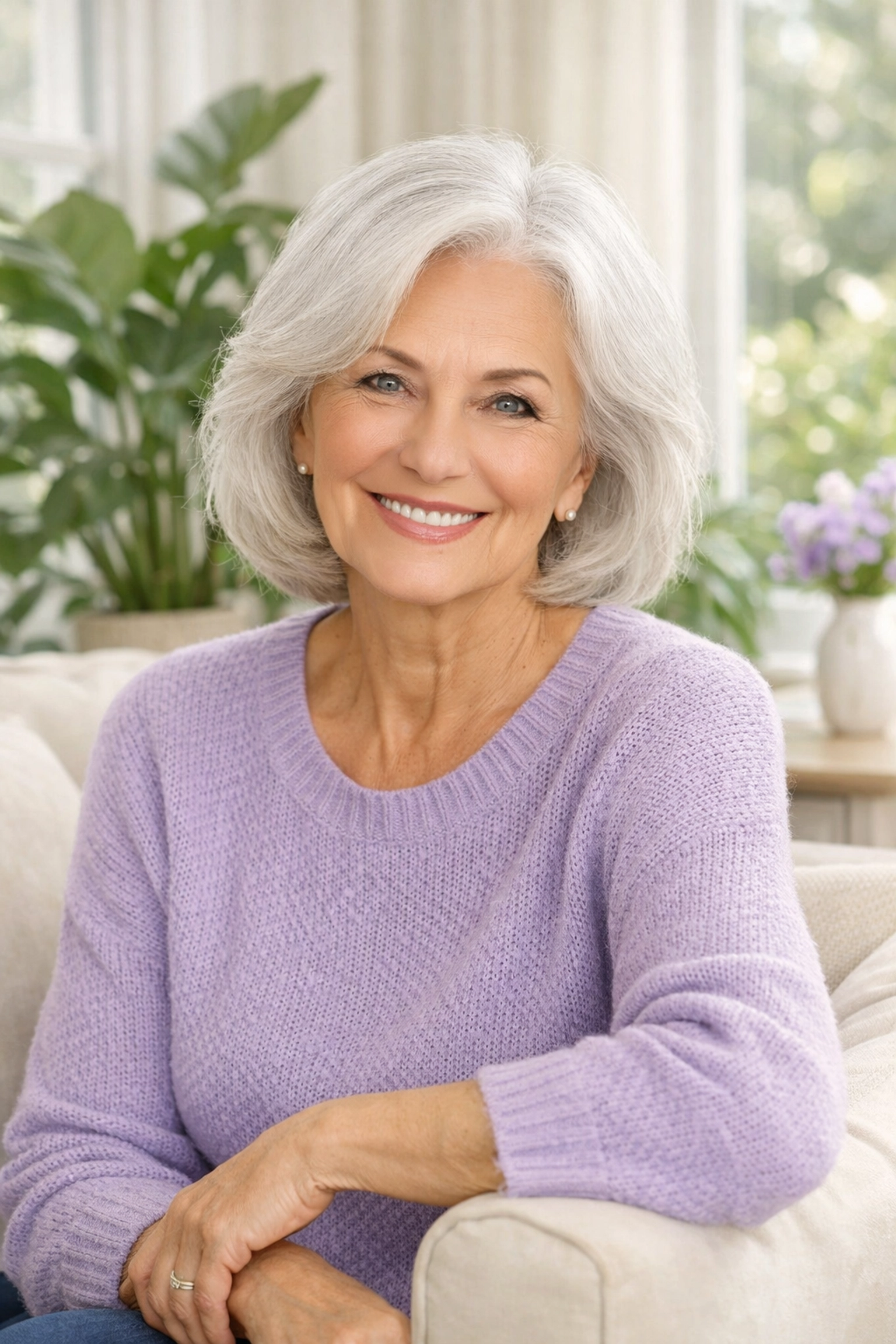 A smiling senior woman in a bright room, highlighting mental health support for seniors and aging families.