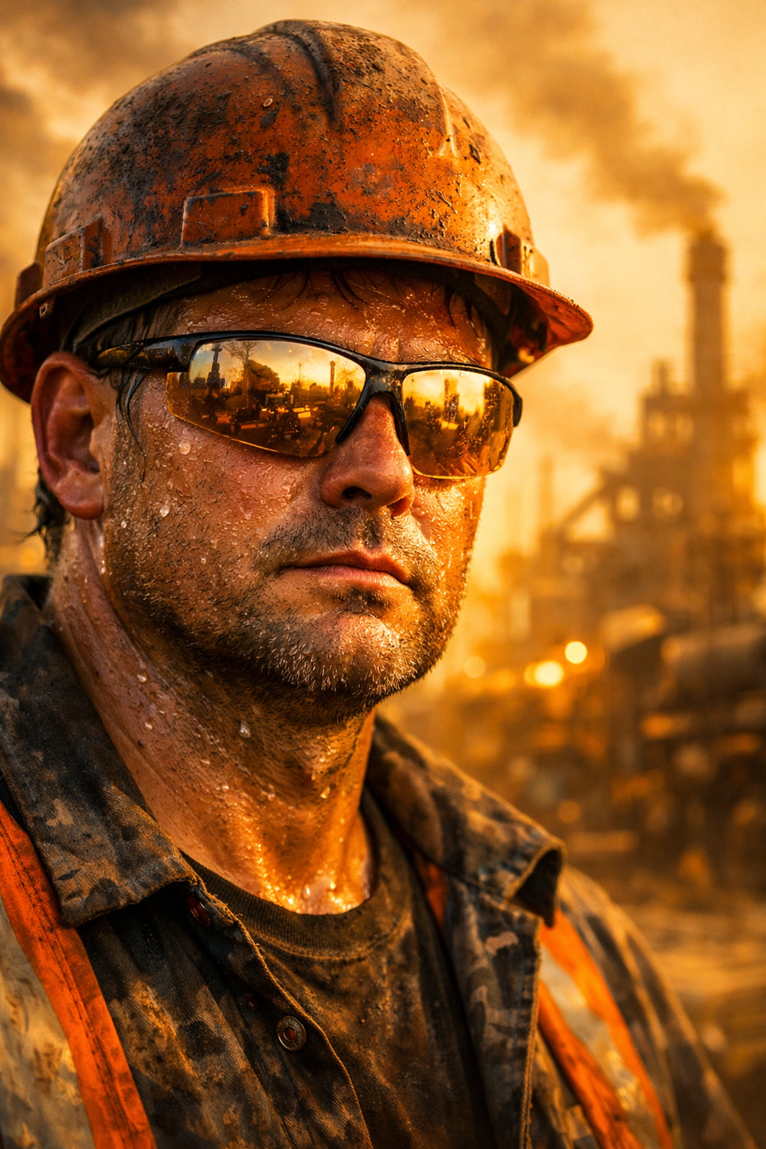 Industrial worker in safety gear managing summer heat on a Northern Indiana jobsite with Dräger protection.