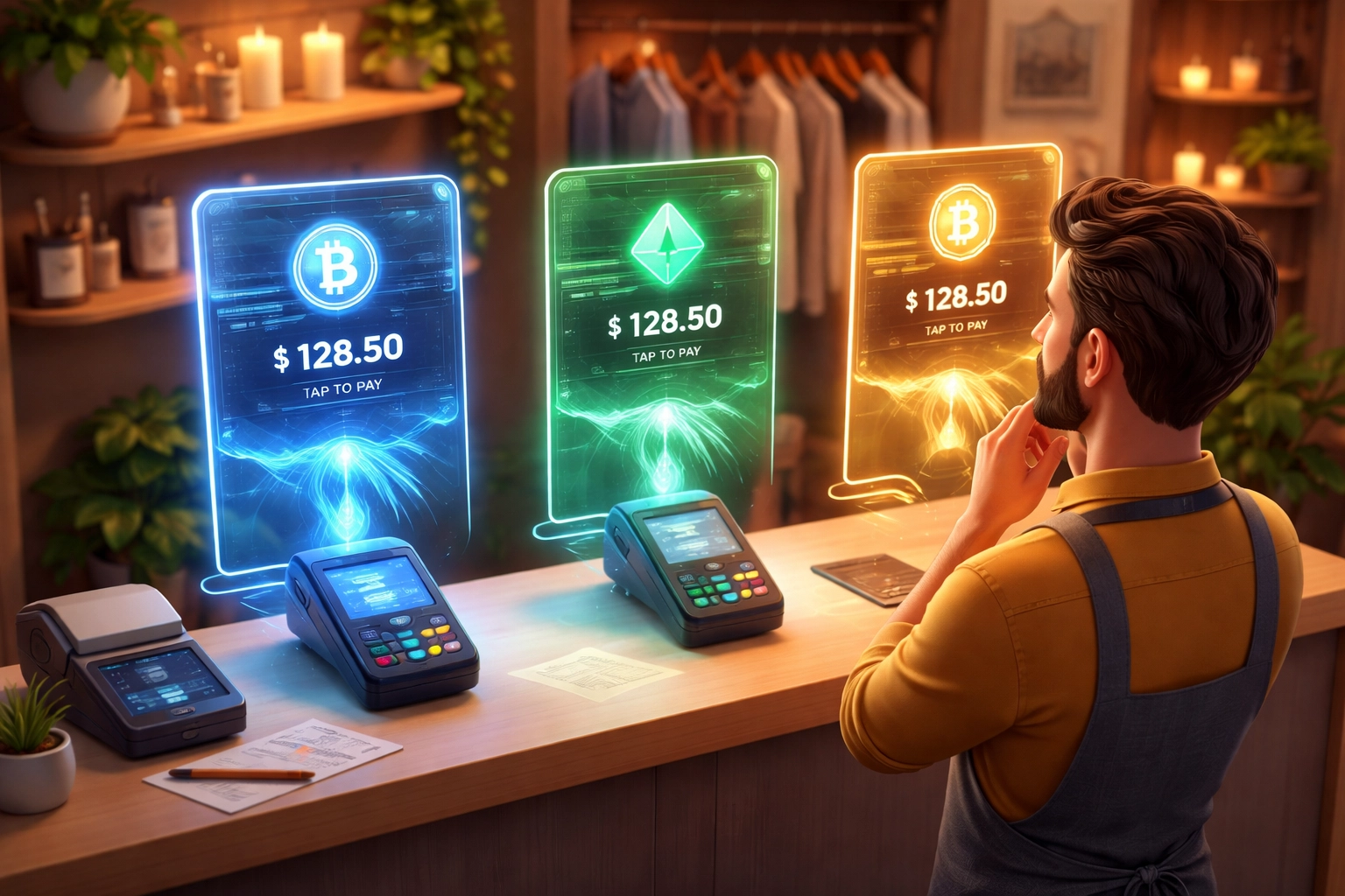 A shop owner evaluating three crypto POS payment options at a boutique store checkout, highlighting small business payment system choices.