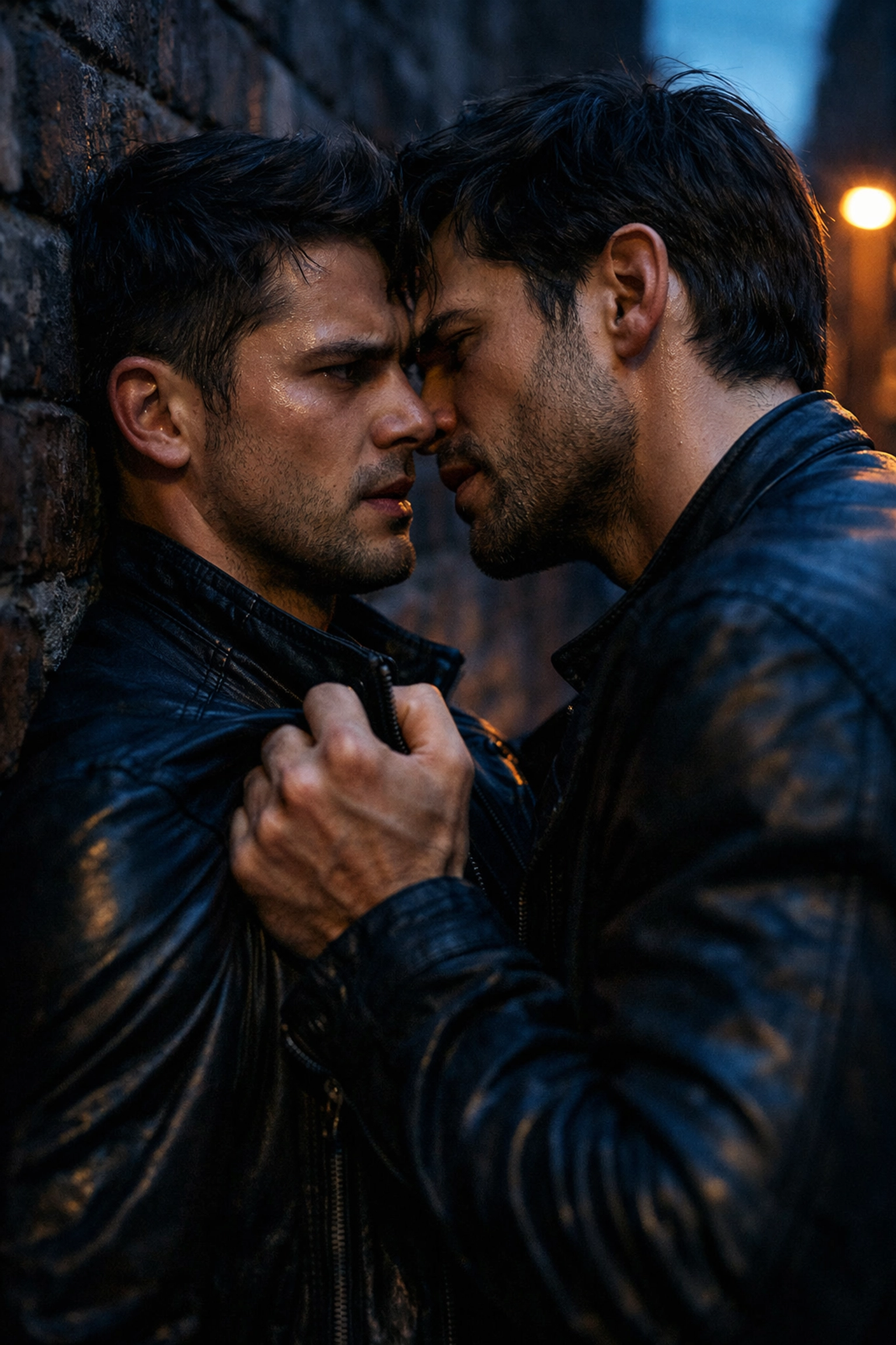 Intense emotional moment between two men against an urban wall, capturing high-tension gay romance.