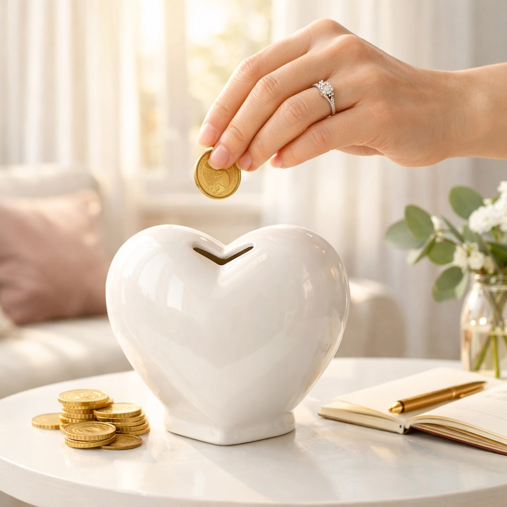 Close-up of an engaged woman saving money for her big day in a heart-shaped bank to avoid wedding debt.