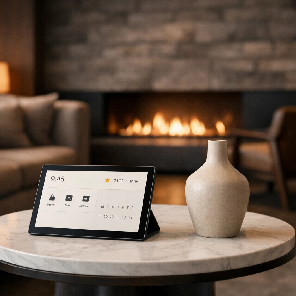 A minimalist hotel lounge featuring a guest service tablet powered by AI property management software.