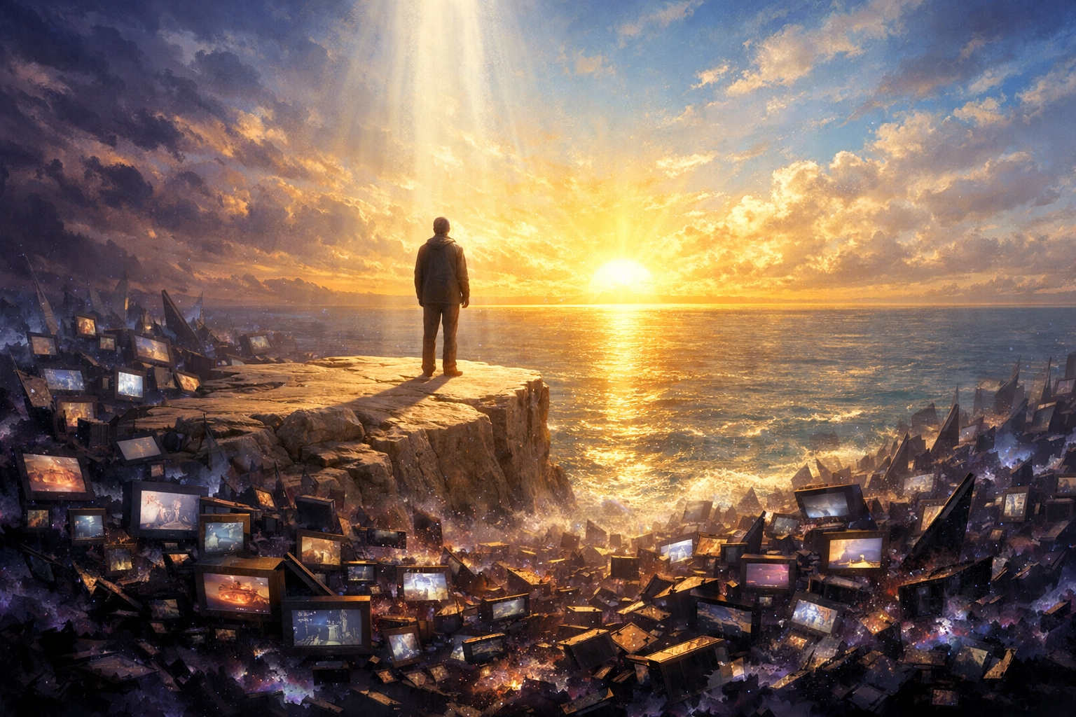 Person on a cliff looking at a sunrise over a sea of digital screens, symbolizing faith and peace in Jesus.