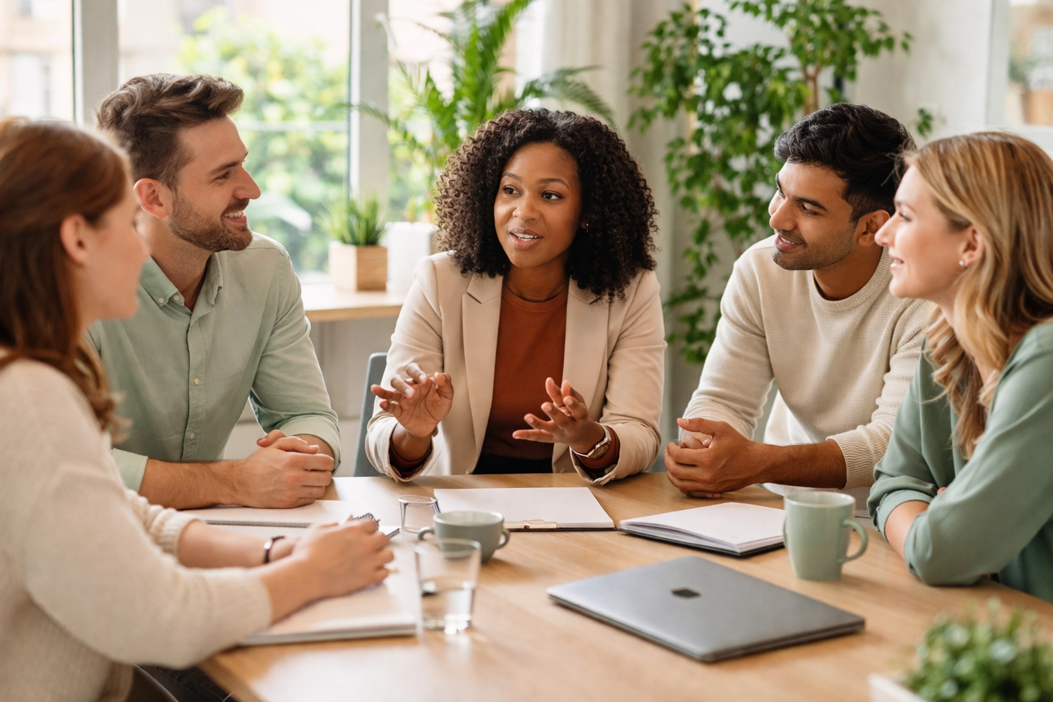 Diverse office workers discussing mental health support in a collaborative workplace setting
