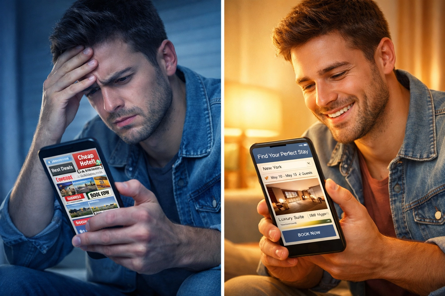 Comparison of poor vs optimized hotel booking website experience on mobile device