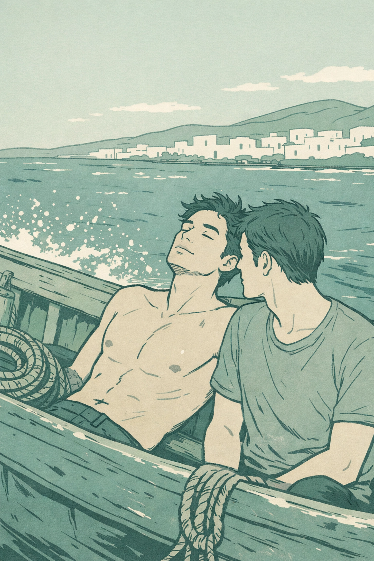 Two men on weathered fishing boat in Aegean Sea - intimate Greek island romance scene