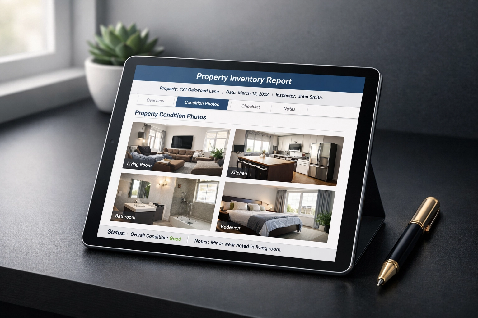 Digital property inventory report displayed on tablet for tenancy deposit protection