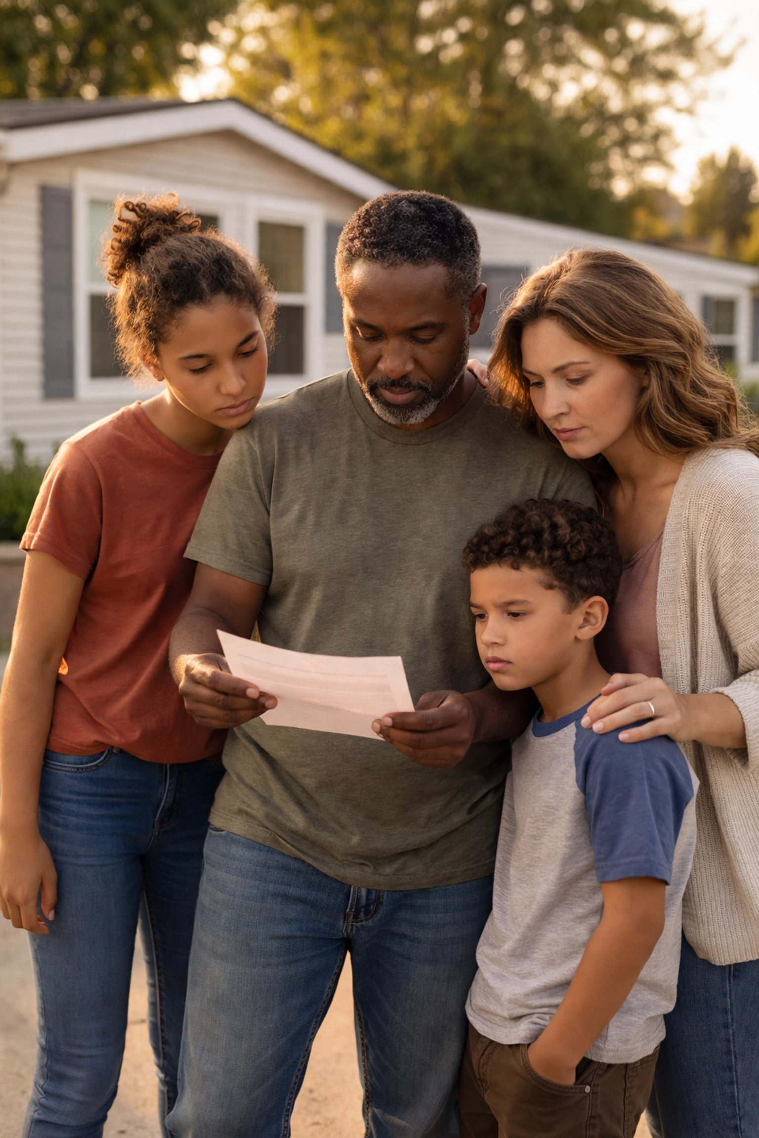 Family reviewing a letter outside their manufactured home, concerned about potential park buyout