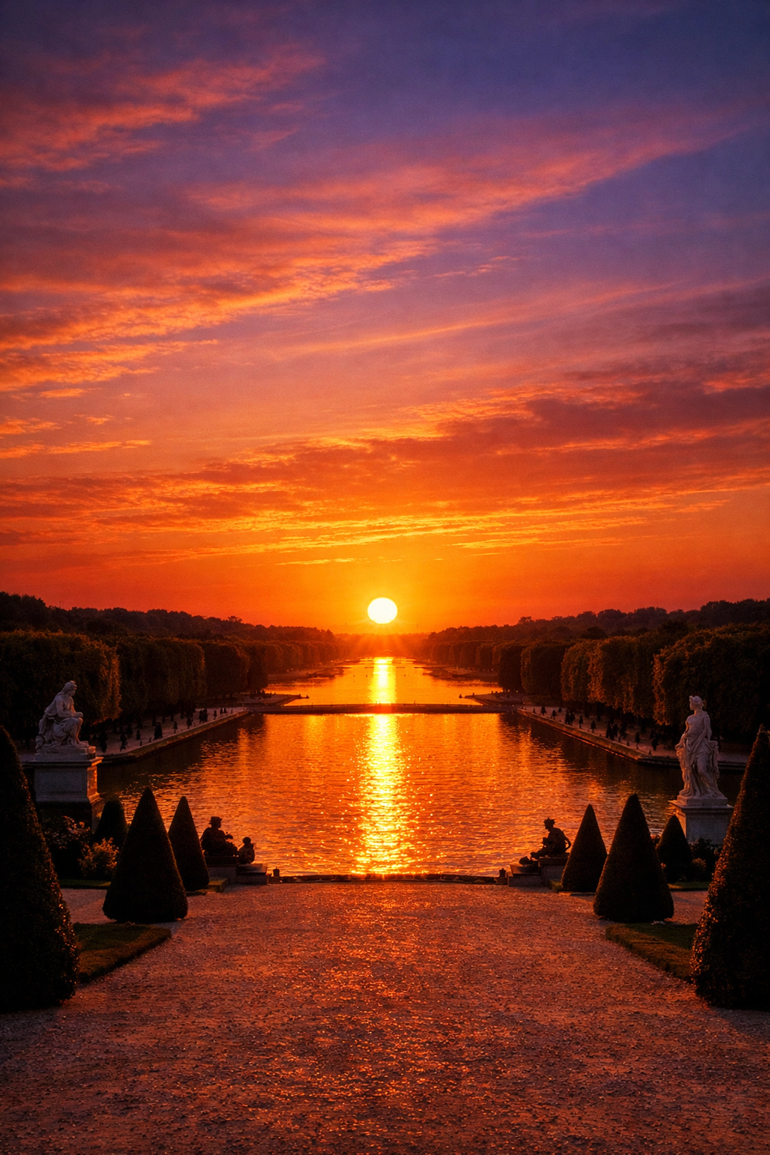 Golden hour at the Grand Canal, one of the most iconic Versailles photo spots for sunset landscapes.