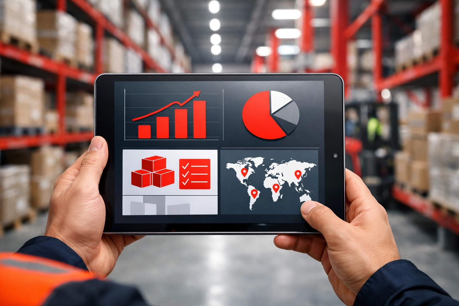 Digital inventory management system on a tablet for real-time tracking in a modern warehouse and fulfilment centre.