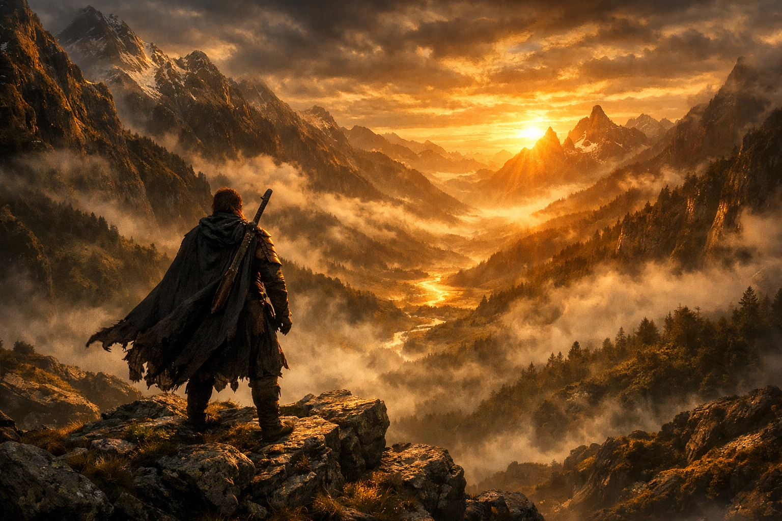 A lone traveler overlooks a misty New Zealand mountain range, evoking the epic scale of Middle-earth.