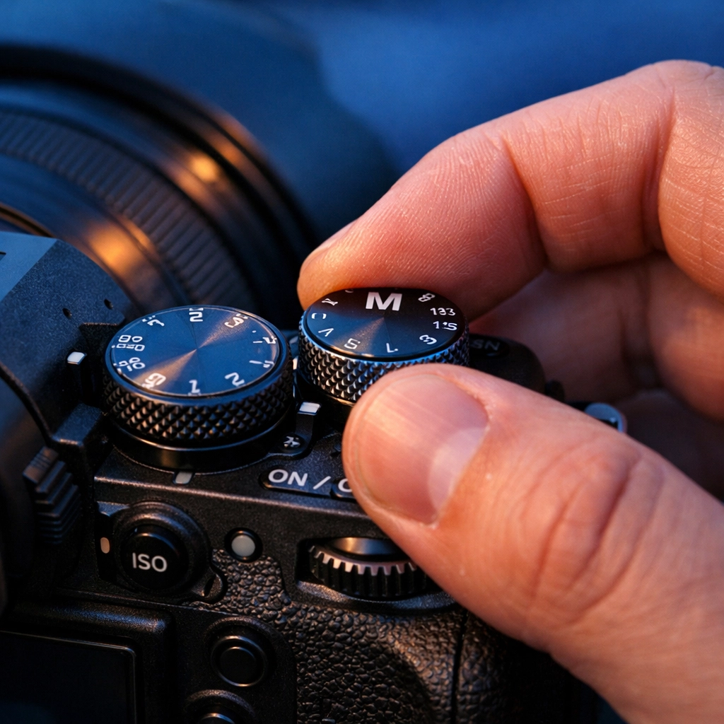 Photographer's hands adjusting camera controls and dials for a Manual Mode 101 workflow.