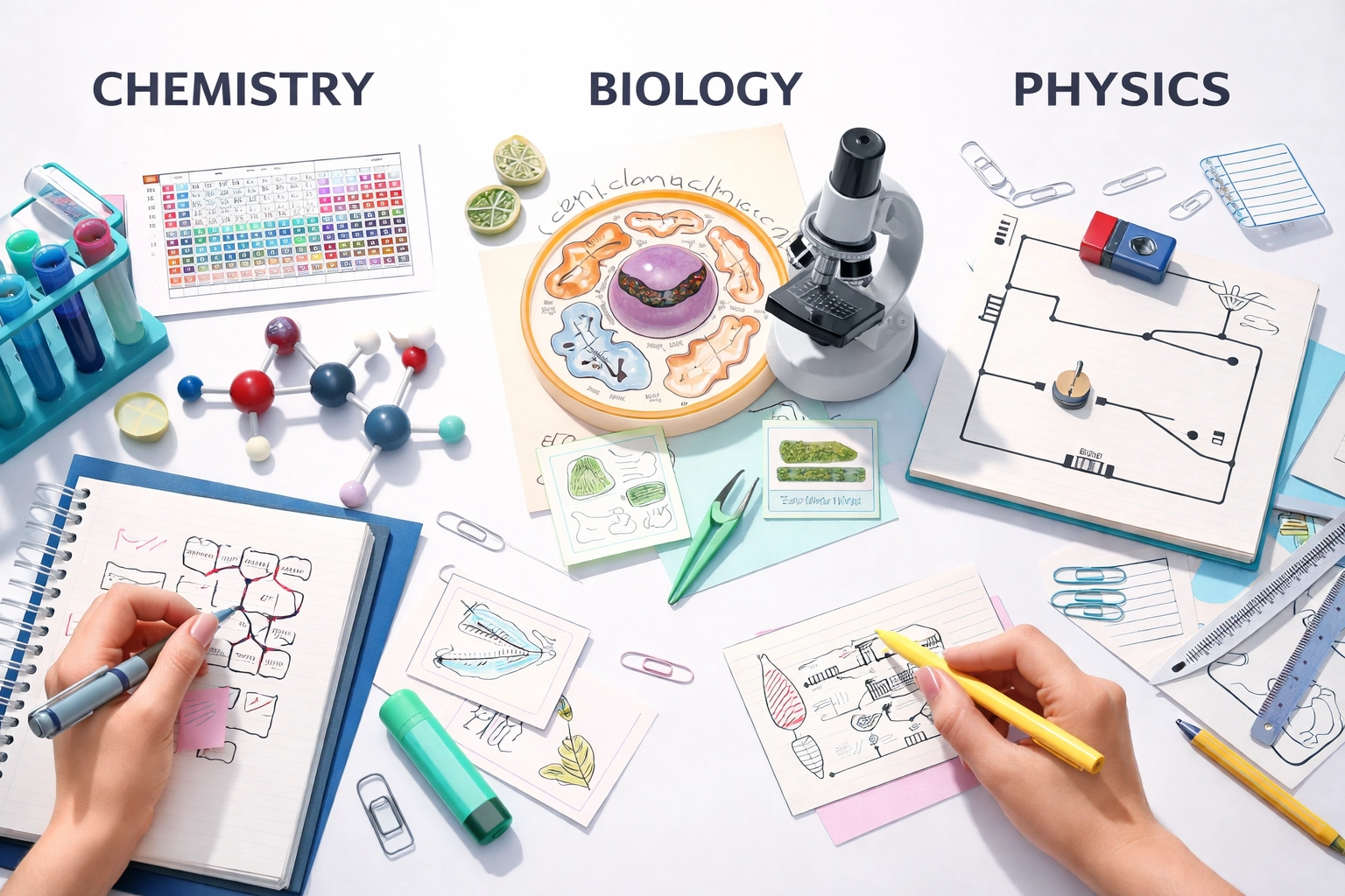 Interactive science learning setup with Chemistry, Biology, and Physics tools, reflecting engaging GCSE revision courses in South London.