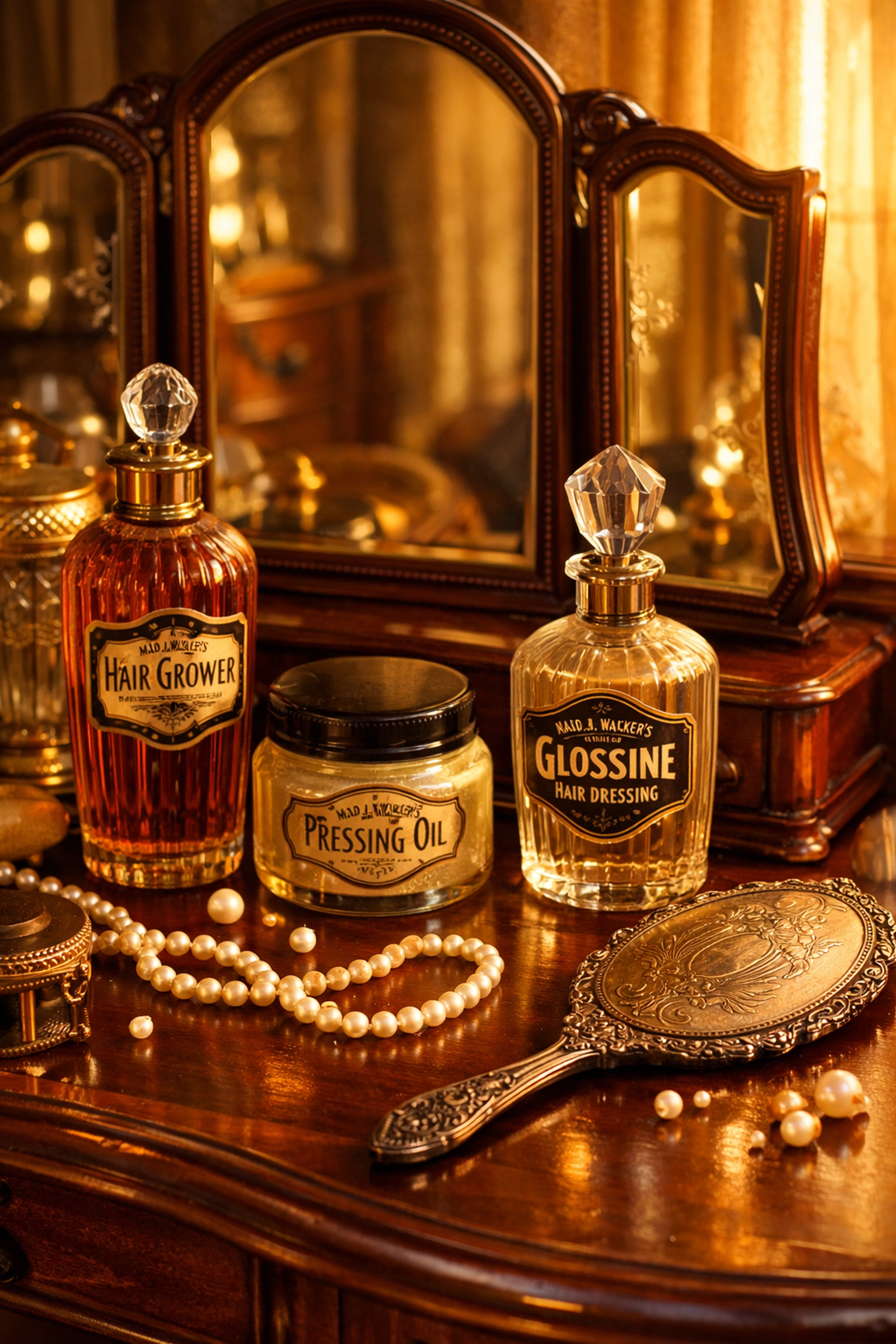 Vintage 1920s beauty vanity representing Madam C.J. Walker's Black-owned hair care empire