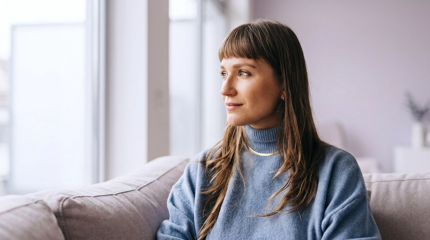 A thoughtful individual sitting in a calm, naturally lit room, looking out a window.