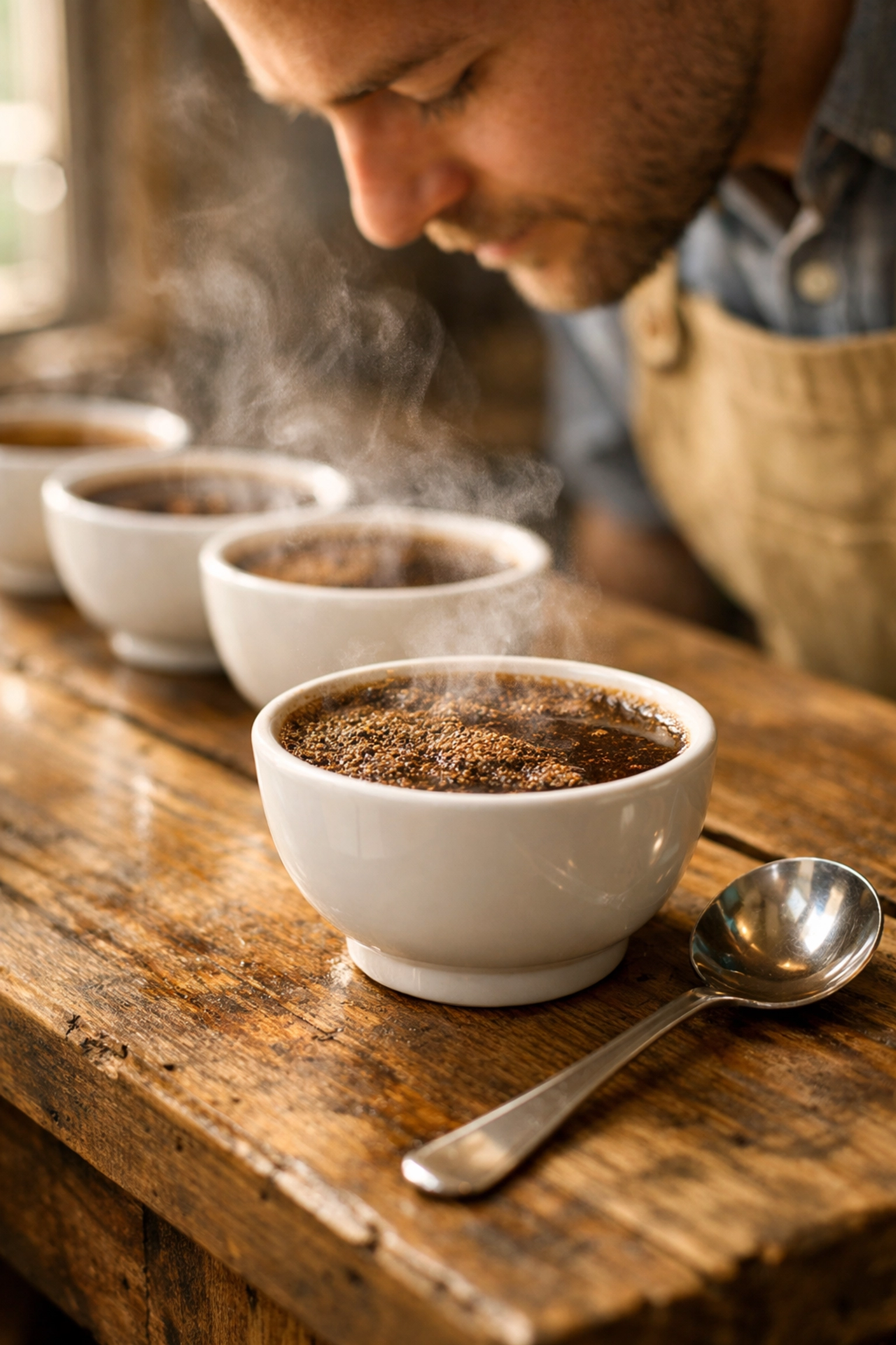 Specialty coffee cupping bowls and spoons on a wooden table for evaluating bean quality and aroma.