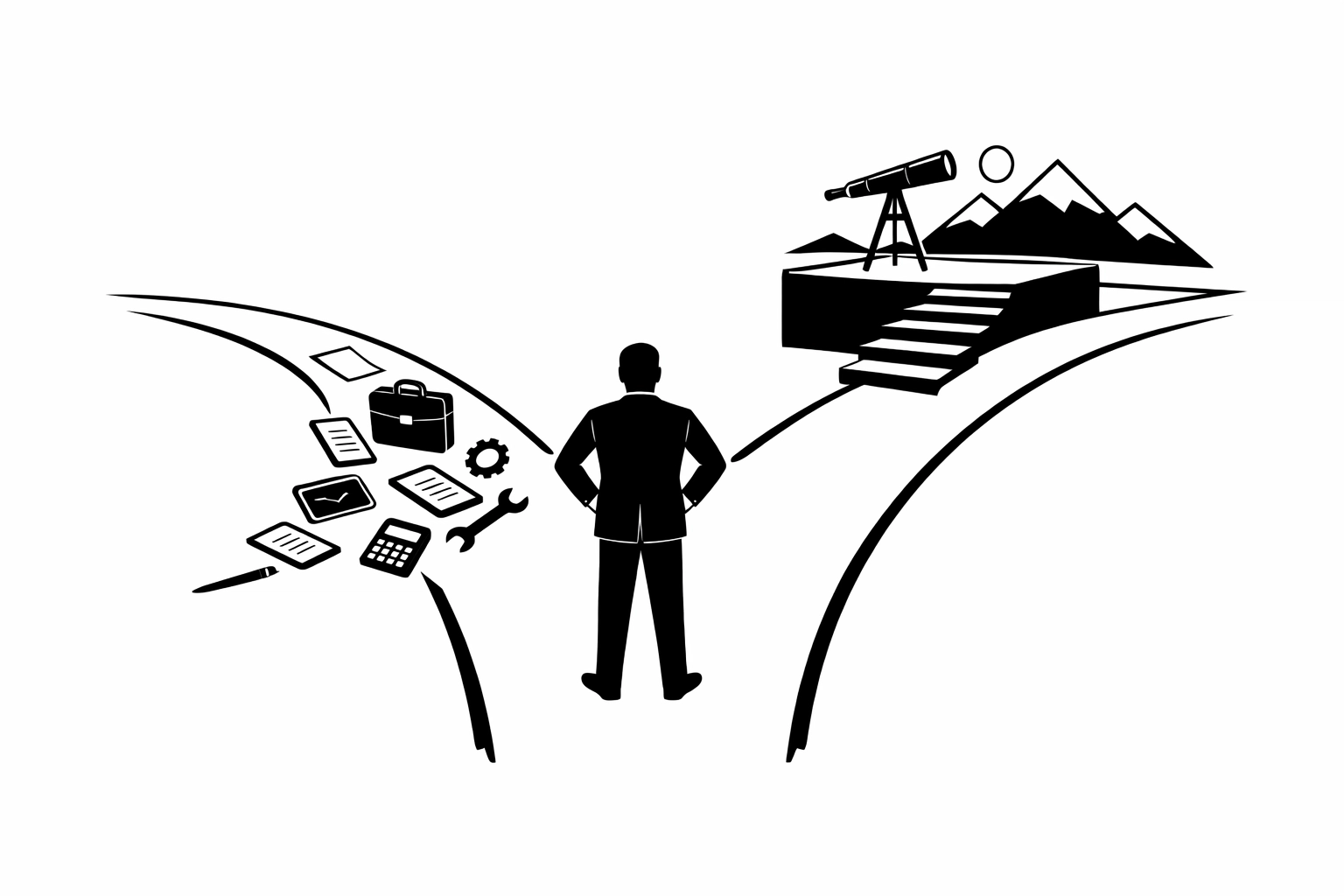 Leader at crossroads choosing between hands-on execution and strategic guidance in AI era