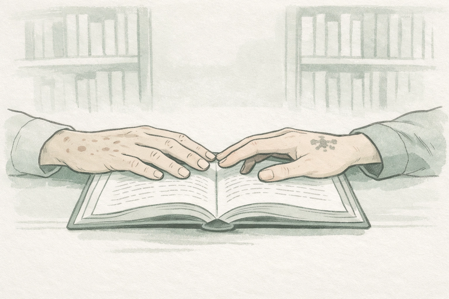 Hands almost touching across book in prison library depicting secret gay relationship