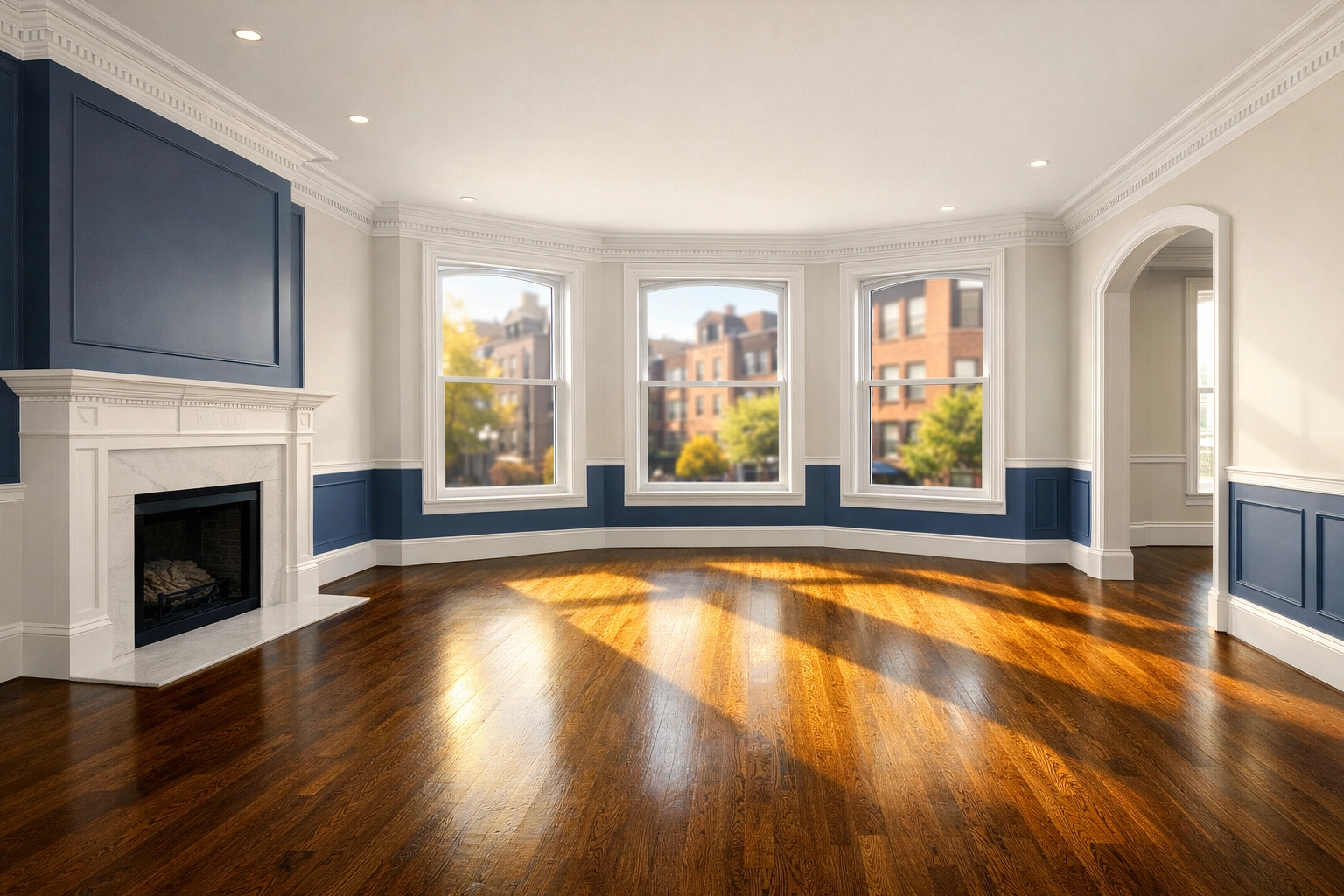 Empty Boston apartment with clean hardwood floors after a professional move-out cleaning service.
